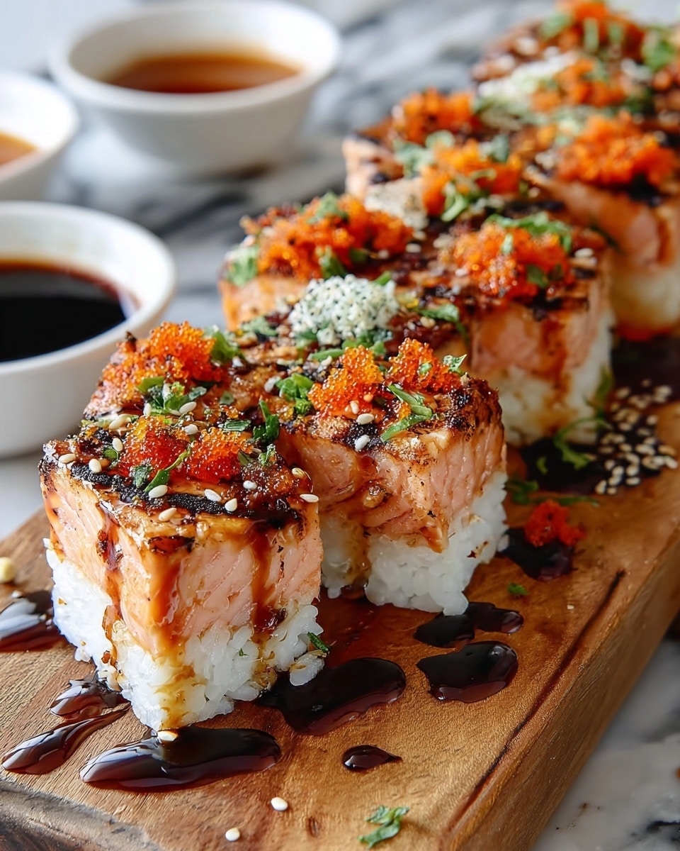 The image shows a row of sushi pieces arranged on a wooden board. Each piece has three layers: a bottom layer of white sticky rice, a thick middle layer of pink grilled salmon with visible grill marks, and a top layer adorned with bright orange fish roe, chopped green herbs, and a drizzle of dark brown sauce. White and black sesame seeds are sprinkled on top, adding texture. The sushi pieces are neatly lined up in two rows with shiny sauce dripping onto the board. In the background, there are small white bowls filled with dark soy sauce and a light brown dipping sauce, all set on a white marbled surface. photo taken with an iphone --ar 4:5 --v 7