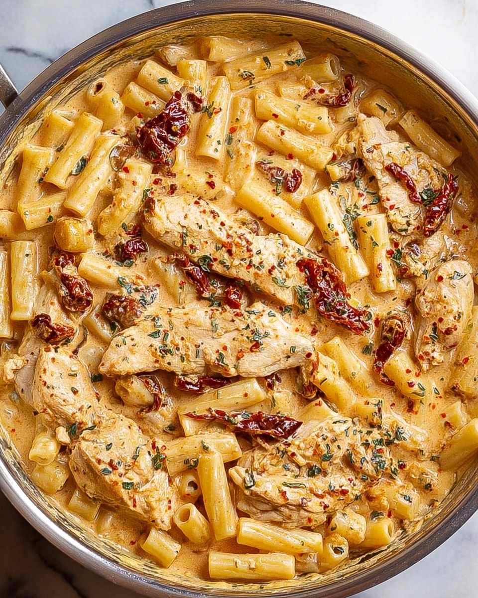 The image shows a white plate filled with creamy pasta mixed with pieces of golden-brown cooked chicken and sun-dried tomatoes. The pasta tubes are coated in a light, creamy sauce with a slightly orange tint. The chicken pieces are scattered evenly, looking tender with a slight sear, and the sun-dried tomatoes add a deep red color and chewy texture. The dish is topped with a sprinkle of green herbs and red chili flakes for a touch of color and spice. The plate sits on a white marbled surface with a green napkin partially visible under the plate. photo taken with an iphone --ar 4:5 --v 7