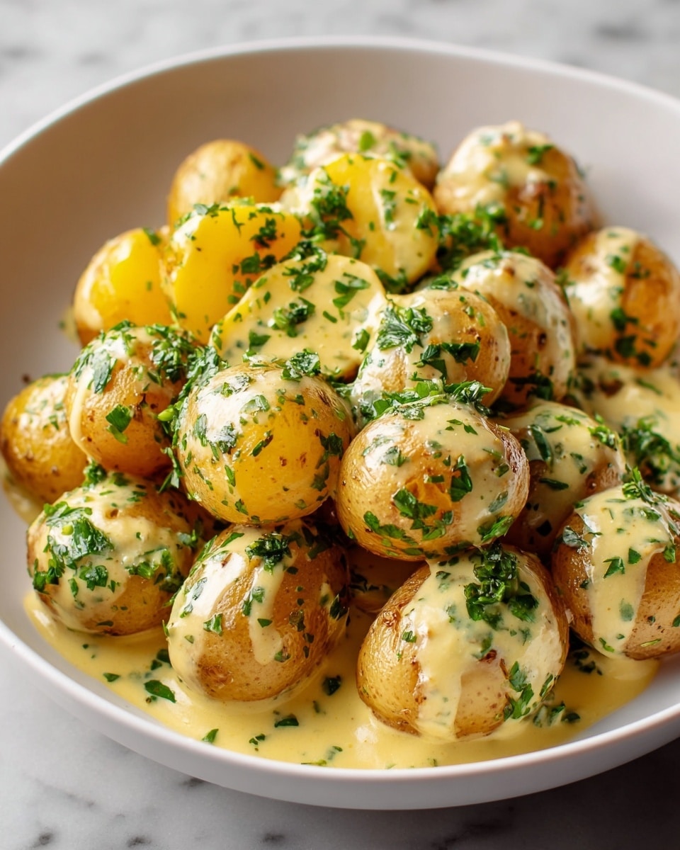 A white bowl filled with about a dozen small yellow potatoes, some whole and some cut in half, all coated with a creamy light yellow sauce that has visible green herbs finely chopped and sprinkled all over, adding a fresh texture and color contrast. The potatoes look soft and tender, with the sauce drizzling down their sides, pooling slightly at the bottom of the bowl, set against a white marbled surface. photo taken with an iphone --ar 4:5 --v 7