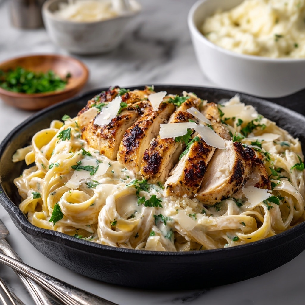 The dish shows a white plate filled with creamy fettuccine pasta, its sauce smooth and slightly glossy, with pale off-white strands spread evenly. On top of the pasta lies a sliced grilled chicken breast, dark brown on the outside with a slightly crispy texture and tender white inside. Fresh green parsley leaves are sprinkled over both the pasta and chicken, adding a fresh touch. Small shavings of white cheese garnish the dish. The plate sits on a white marbled surface, with a white bowl of creamy mashed potatoes and a small white bowl of chopped green herbs blurred in the background. Silver forks are placed beside the plate. Photo taken with an iphone --ar 4:5 --v 7