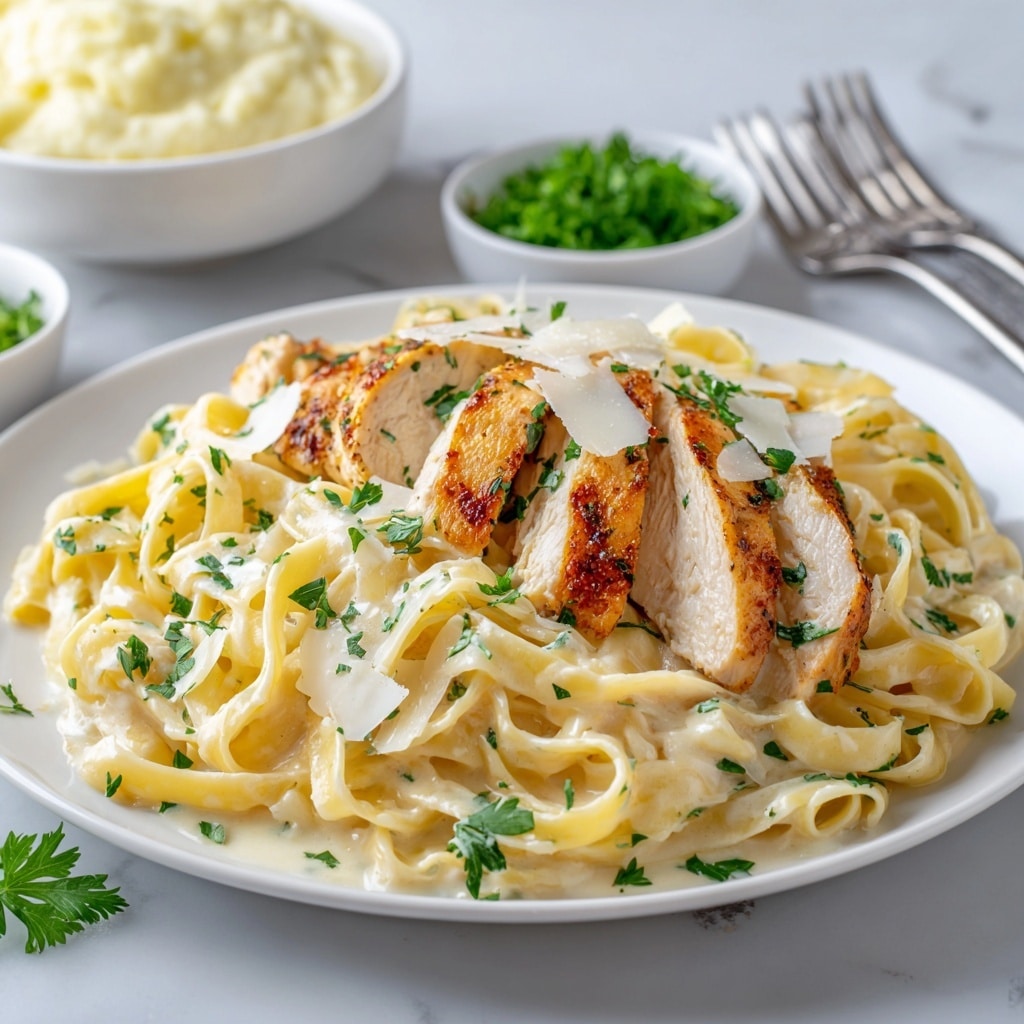 A black cast iron pan holds a creamy pasta dish with three grilled chicken breasts sliced into thick pieces and placed on top of long spaghetti noodles coated in a rich, light brown sauce; the chicken has dark, charred grill marks and a crispy texture, and the entire dish is sprinkled with fresh, chopped green herbs, creating a vivid contrast against the creamy sauce and golden noodles. photo taken with an iphone --ar 4:5 --v 7