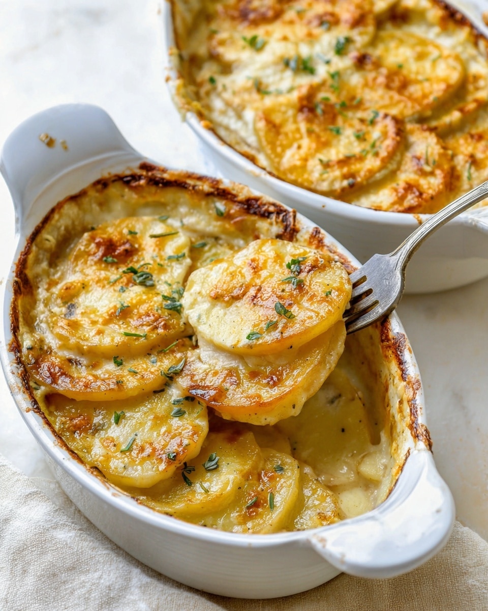 Two white oval baking dishes filled with layered potato gratin sit on a white marbled texture. Each dish contains thin slices of golden-brown potatoes layered with creamy sauce and melted cheese, topped with finely chopped green herbs that add small patches of color. The potatoes have a slightly crispy, browned top layer, showing some texture from baking. A fork is placed inside the closer dish, lifting a few slices, showing the creamy, soft layers beneath the crust. The overall impression is warm, rich, and smooth with light brown and yellow tones. photo taken with an iphone --ar 4:5 --v 7
