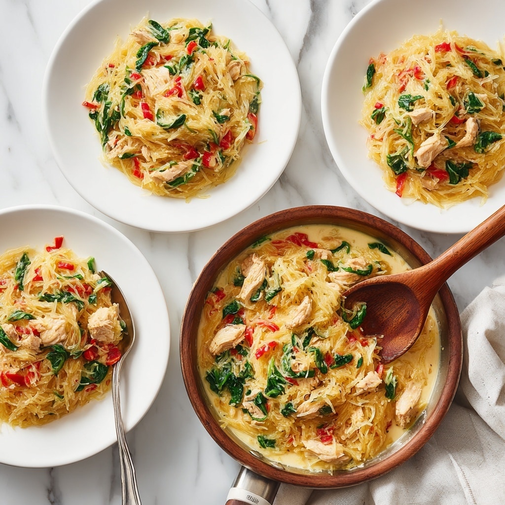 A large black pan filled with a creamy pasta dish made of shredded pale yellow spaghetti squash mixed with browned chicken pieces, bright green spinach leaves, and red roasted pepper strips all evenly spread throughout. The sauce is smooth and light yellow, covering the pasta and other ingredients. A wooden spoon rests on the right side in the pan, partially immersed in the creamy mixture. The pan sits on a white marbled surface with a white cloth and a silver spoon nearby. photo taken with an iphone --ar 4:5 --v 7