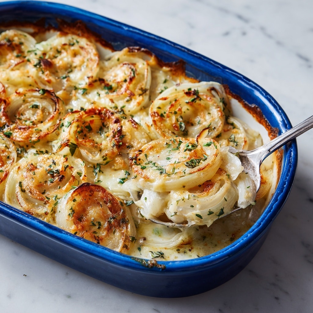 A blue baking dish holds a single thick layer of baked onion slices, which are soft and slightly browned around the edges. The onion rings vary in size, with some smaller overlapping the larger ones, and the top is covered with melted, golden-brown cheese speckled with green herbs. A silver spoon scoops some onion slices from the corner of the dish, showing their soft texture and light sauce underneath. The dish sits on a white marbled surface. photo taken with an iphone --ar 4:5 --v 7