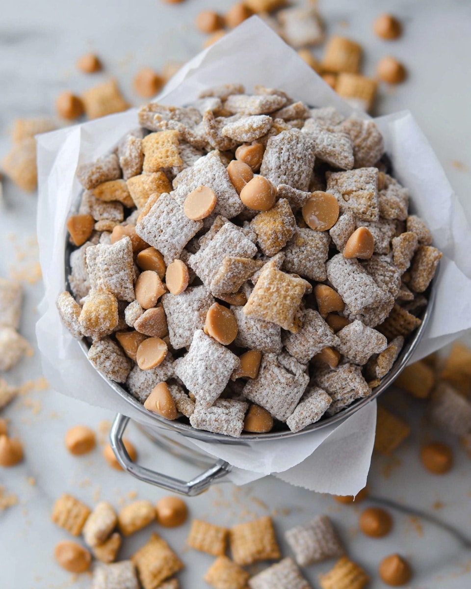 A cone-shaped white paper wrap holds a pile of irregular small brown and white pieces covered in a powdery coating, mixed with smooth, round, caramel-colored chips scattered throughout. The wrap is placed in a simple chrome stand on a light wooden surface, with more of the same coated pieces and caramel chips spilled around the base. The background shows a white marbled texture, adding clean brightness to the image. photo taken with an iphone --ar 4:5 --v 7