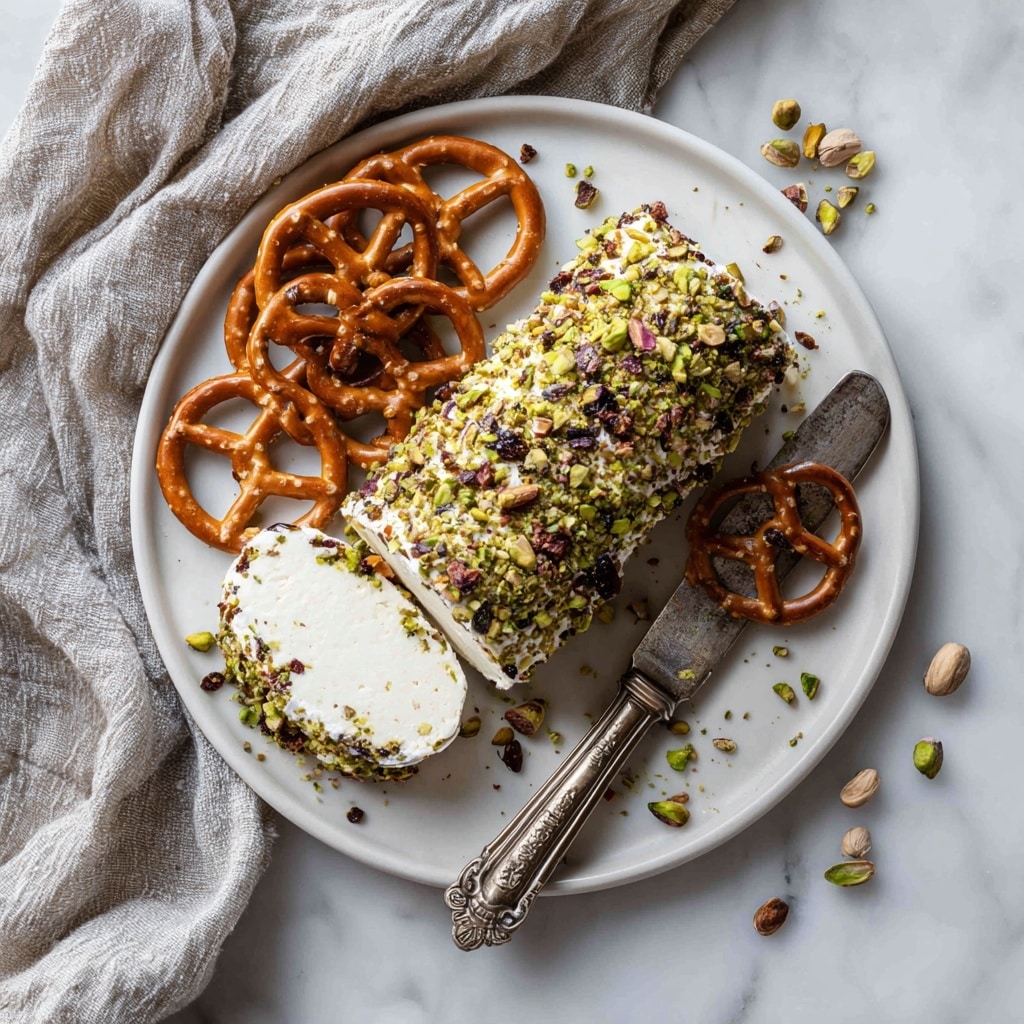 A log-shaped cheese covered in a thick layer of crushed green pistachios and dark raisins is placed on a white plate with a white marbled texture surface. Clear honey is being drizzled onto the cheese from a wooden honey dipper above, with honey dripping down and pooling slightly on the plate. Surrounding the cheese are a few golden-brown pretzels, adding contrast to the scene. The cheese interior is white and creamy, visible at the cut end, and the textures of the nuts and dried fruit add a rough, chunky appearance. Photo taken with an iphone --ar 4:5 --v 7