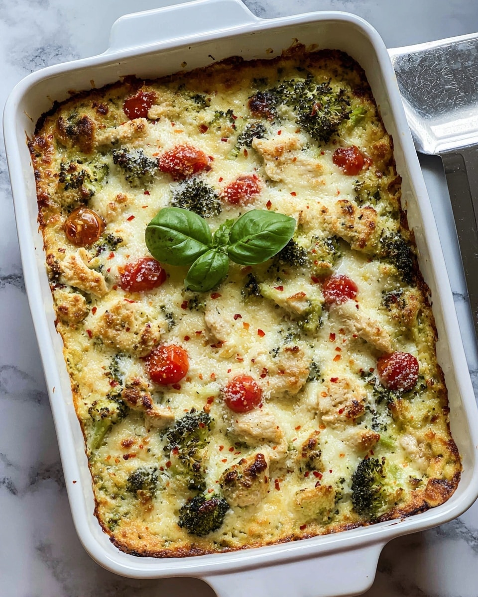 The image shows a white rectangular casserole dish filled with a baked cheesy broccoli and chicken casserole. The dish has a golden brown melted cheese layer on top, with visible small broccoli florets, cherry tomatoes, and pieces of cooked chicken throughout. The cheese layer has a slightly bubbly and crispy texture, sprinkled lightly with red chili flakes and Parmesan cheese. A fresh green basil leaf is placed in the center as a garnish. The casserole dish sits on a white marbled surface with a metal spatula partially visible next to it. photo taken with an iphone --ar 4:5 --v 7