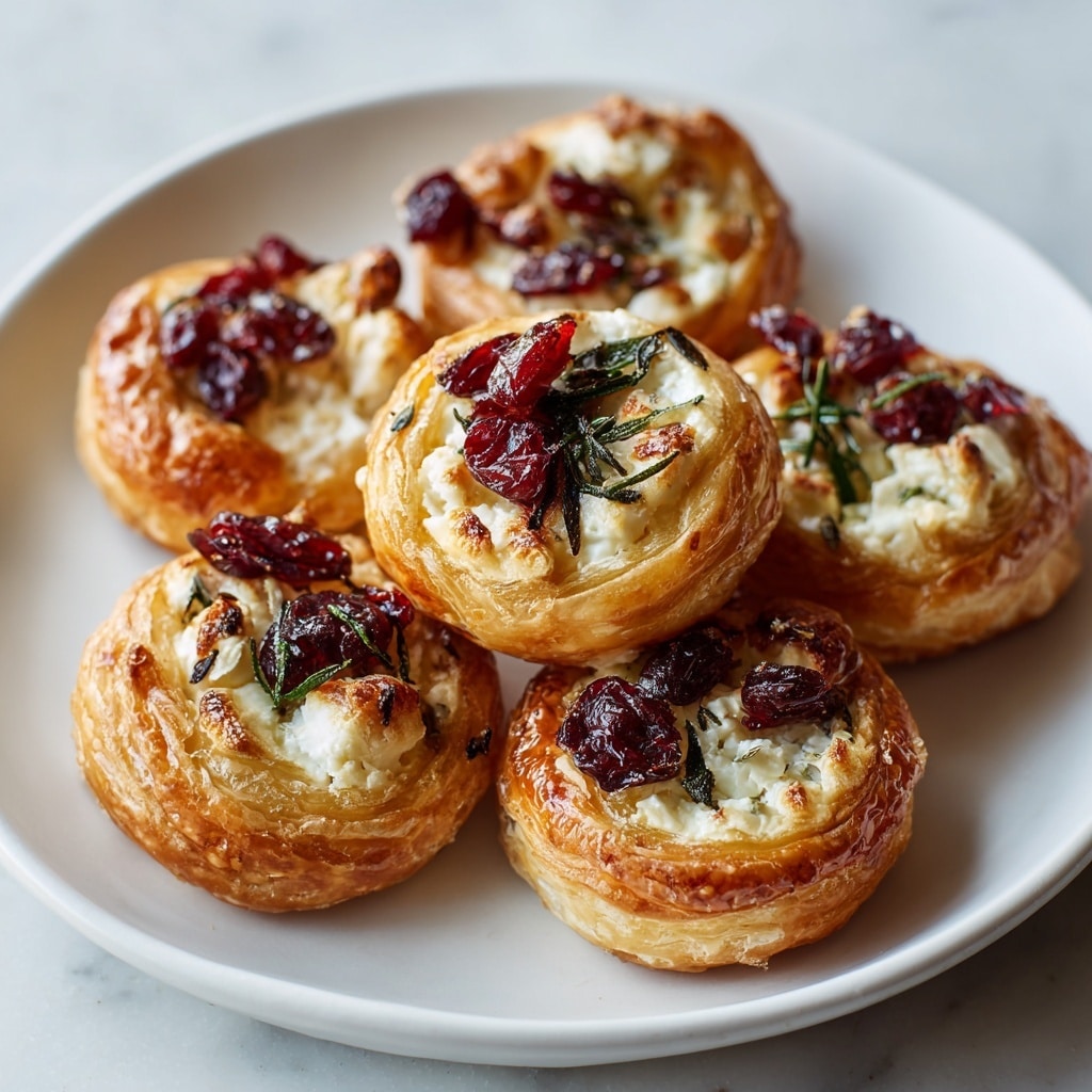 The image shows a white plate holding several small, round pastries arranged closely together. Each pastry has a golden-brown crust with a slightly shiny finish. On top, there are layers of creamy pale cheese, bright red dried cranberries, and dark green herb sprigs scattered evenly. The plate is placed on a white marbled surface with soft natural light highlighting the texture of the crust and the vibrant colors of the toppings. Photo taken with an iphone --ar 4:5 --v 7