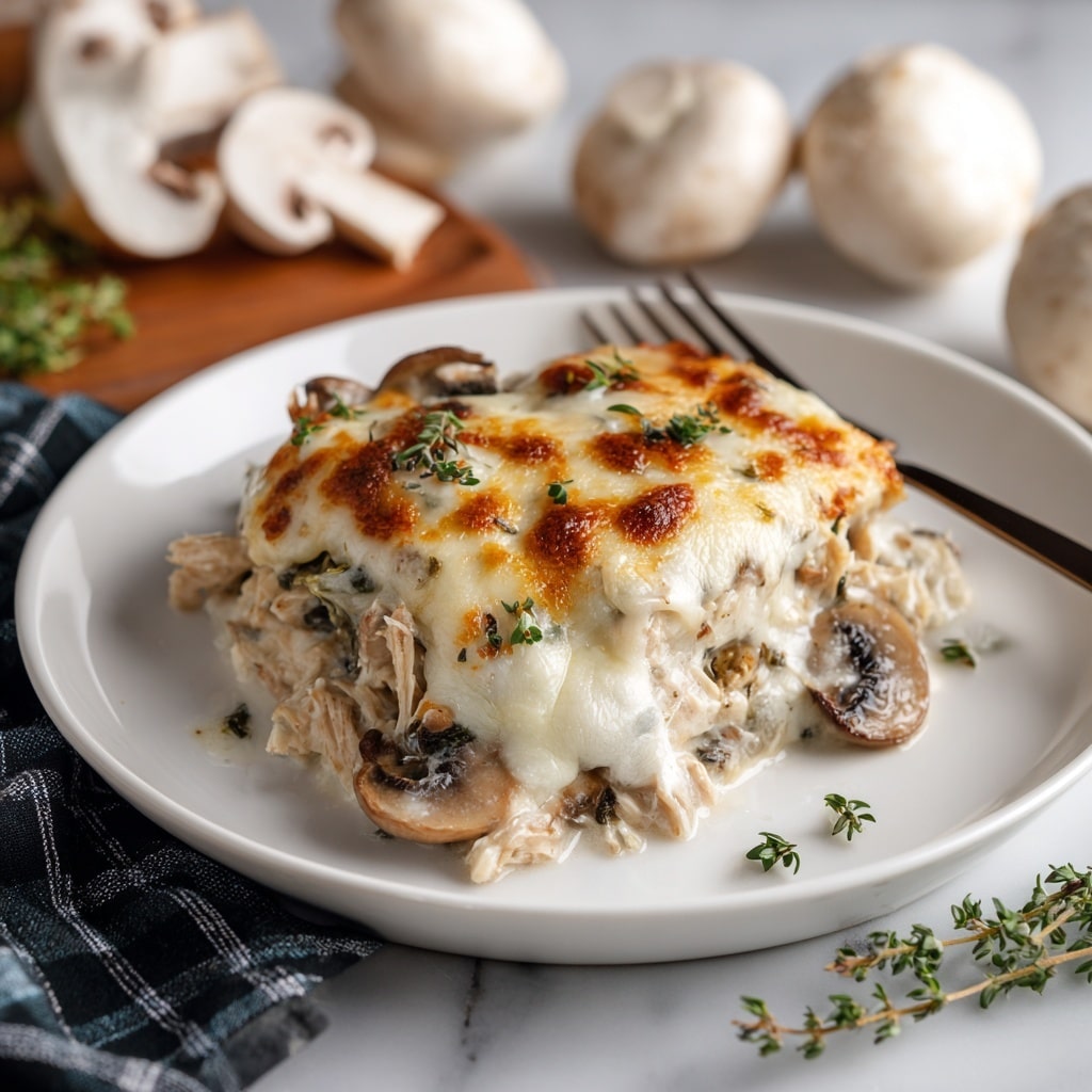 The white plate holds a single serving of a creamy casserole with two main layers: the bottom layer is a mix of shredded chicken and sliced mushrooms in a light sauce, visible through some gaps, while the top layer is melted, slightly browned cheese that covers the ingredients unevenly, giving a gooey texture. There are small green herb sprigs scattered on top, adding a fresh touch. The plate sits on a white marbled surface with a dark checkered cloth to the side and several whole white mushrooms and fresh herb sprigs blurred in the background. Photo taken with an iphone --ar 4:5 --v 7