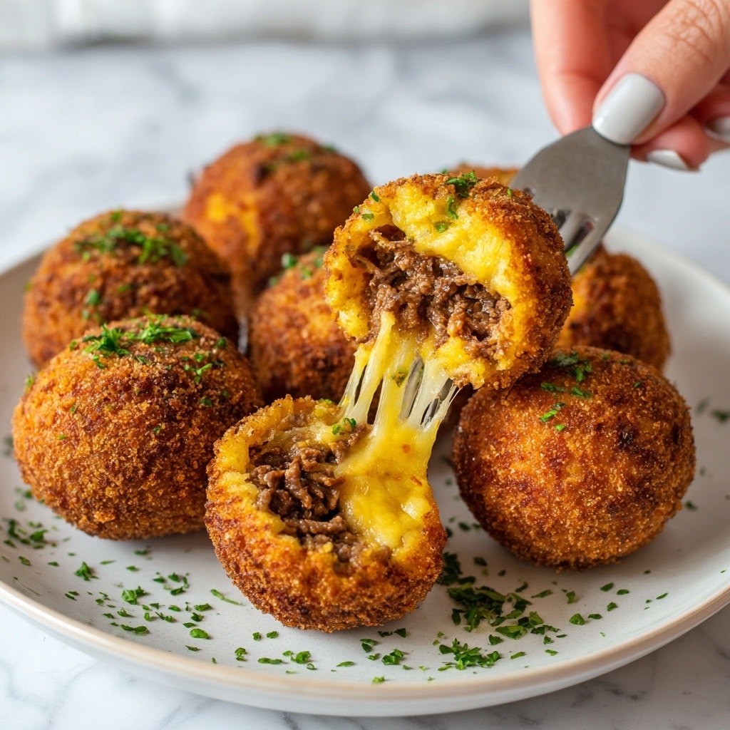The image shows a close-up of round, golden-brown fried balls with a crunchy texture on the outside, sitting on a white plate. One ball is being pulled apart by a fork, revealing several layers inside: a melty stretchy yellow cheese layer and a rich, dark brown filling that looks like minced meat. Small green herb sprinkles add a fresh touch on top of the balls and plate. The background is a white marbled surface, and a woman's hand is holding the fork lifting the cheesy filling. Photo taken with an iphone --ar 4:5 --v 7