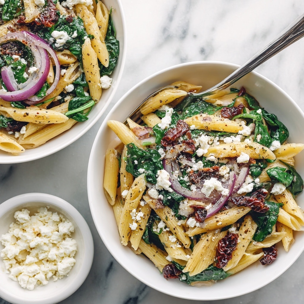 A white bowl filled with a pasta salad that has several layers—at the base are light yellow penne pasta pieces, mixed with fresh dark green spinach leaves scattered throughout. On top of the pasta and spinach are thin slices of light purple red onions and small dark brown sun-dried tomatoes. Crumbled white cheese is sprinkled over everything, adding texture and contrast. The dish is finished with a sprinkling of black pepper, and a silver fork rests inside the bowl. The bowl is placed on a white marbled surface, with a small white bowl of additional crumbled cheese nearby. photo taken with an iphone --ar 4:5 --v 7