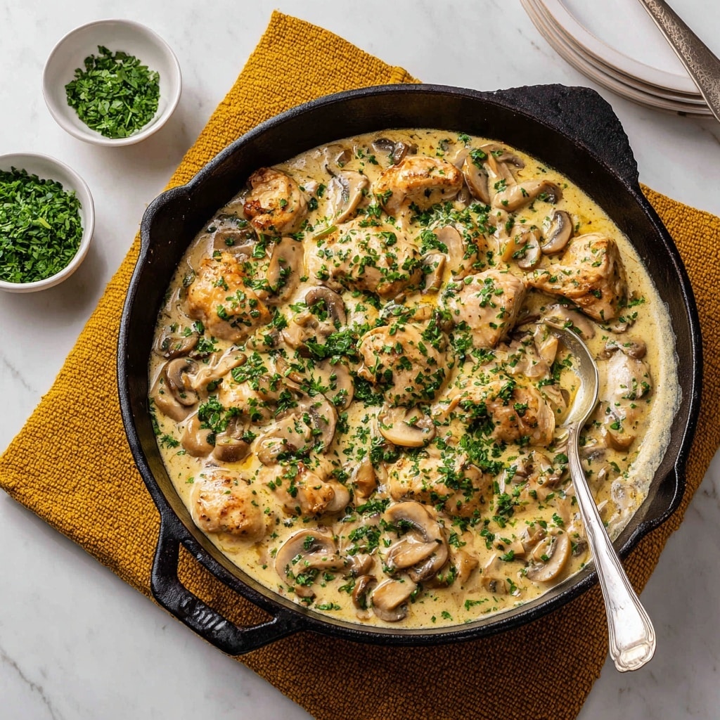 The image shows a white plate with two main parts of food: on the right is a large scoop of creamy mashed potatoes topped with small green herb bits, soft and smooth in texture; on the left are two browned chicken pieces covered in a light beige mushroom sauce that has whole sliced mushrooms scattered on top and around the chicken, with green herbs sprinkled across the dish. The plate sits on a white marbled texture, creating a clean and simple background. photo taken with an iphone --ar 4:5 --v 7