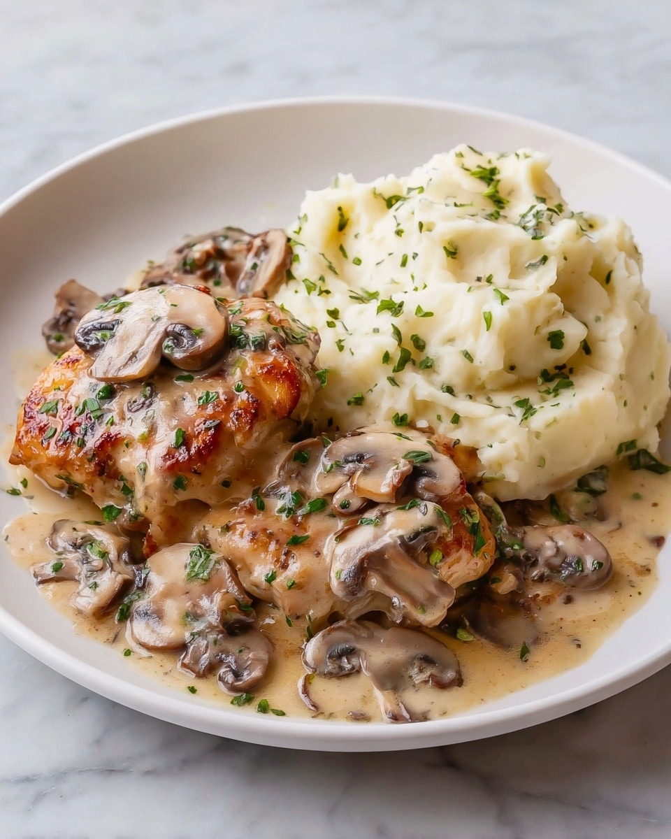 A black cast iron skillet filled with a creamy dish showing multiple layers: the base layer has thick beige cream sauce, the middle layer contains golden brown chicken pieces and light brown sliced mushrooms mixed with translucent cooked onions, and the top layer is sprinkled with fresh green chopped herbs. A large silver spoon rests inside the skillet on the right side. The skillet is placed on a mustard yellow textured cloth over a white marbled surface. A small white bowl with chopped green herbs sits to the top left, and a stack of white plates is visible on the top right. photo taken with an iphone --ar 4:5 --v 7