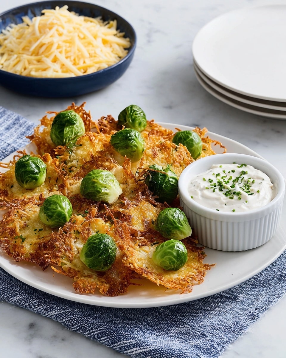 A white plate filled with several clusters of golden, crispy cheese crisps, each topped with a whole bright green Brussels sprout, arranged in a slightly messy pile. Next to the plate, on a blue and white striped cloth, is a white ramekin with a thick, creamy white dip garnished with small chopped green herbs. In the background, a dark blue bowl overflowing with finely shredded pale yellow cheese is placed near a stack of plain white plates, all set on a white marbled surface. Photo taken with an iphone --ar 4:5 --v 7