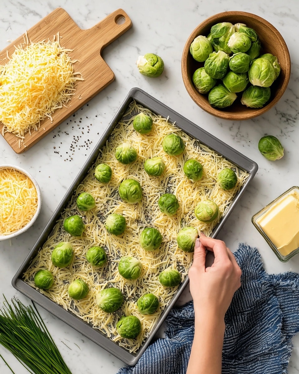 A rectangular baking tray is filled with a base layer of light yellow shredded cheese, evenly spread and showing some black pepper sprinkled on top, with bright green whole Brussels sprouts placed on the cheese in neat rows. A woman's hand is seen placing one Brussels sprout onto the tray. To the left, there is a small white bowl overflowing with the same light yellow shredded cheese, and a wooden cutting board with halved and whole Brussels sprouts along green chives scattered on it. To the right, a wooden bowl holds several whole Brussels sprouts, sitting on a blue and white striped cloth. Next to the bowl, a clear glass butter dish holds a stick of yellow butter, all set against a white marbled textured surface. photo taken with an iphone --ar 4:5 --v 7