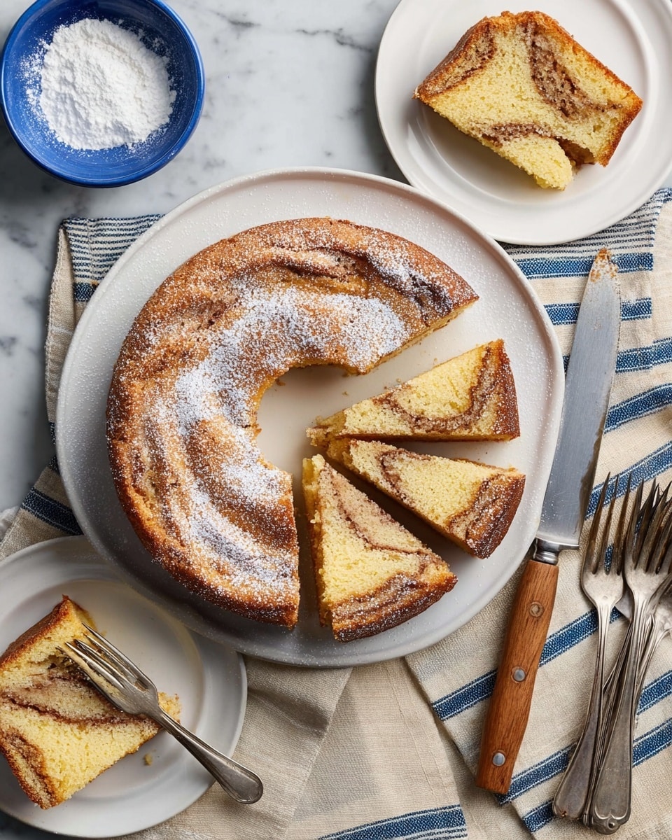 The image shows a round cake with a golden-brown crust and a light dusting of powdered sugar on top, cut into several slices arranged in a ring shape on a white plate. Inside, the cake has two visible layers with a swirled pattern of light yellow cake and a darker cinnamon filling. Two slices are slightly pulled out and stacked in the middle, revealing the moist and textured layers. A knife with a wooden handle rests on the edge of the plate. To the side, a white plate holds two more slices of the cake, and a blue bowl containing powdered sugar with a spoon is beside three silver forks placed on a beige cloth with a navy striped napkin underneath. The scene is set on a white marbled texture surface. Photo taken with an iphone --ar 4:5 --v 7