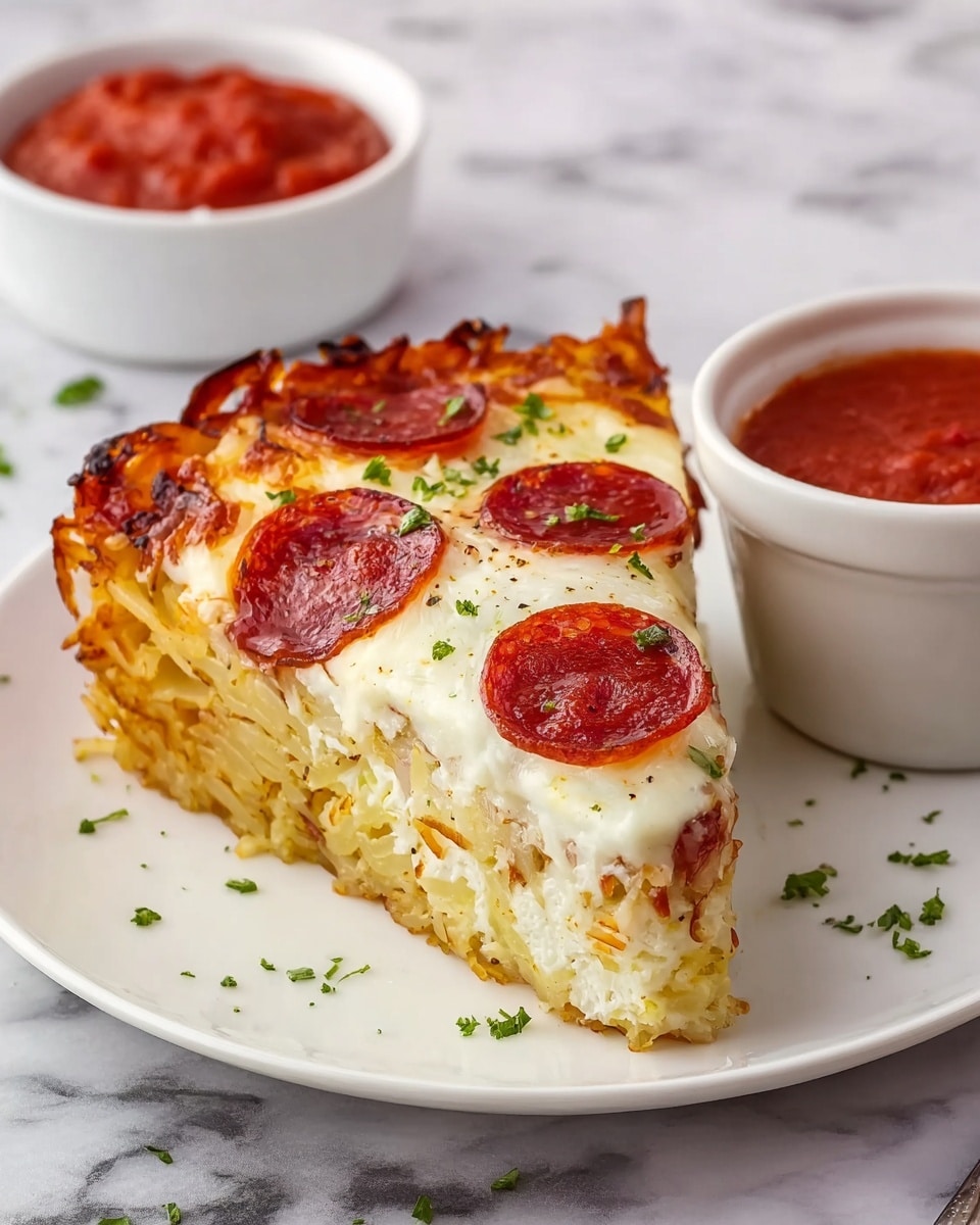 A square white ceramic baking dish filled with a baked pizza casserole that has a golden-brown melted cheese layer on top. The cheese is bubbling slightly with dark brown spots, and circular pepperoni slices are evenly spread across the surface, some edges slightly curled and crisp. The dish rests on a dark wooden surface next to a gray cloth, and a small white bowl of red sauce with a wooden spoon is in the blurred background. The overall look is warm and inviting, showing a thick, cheesy texture with visible meat toppings. Photo taken with an iphone --ar 4:5 --v 7
