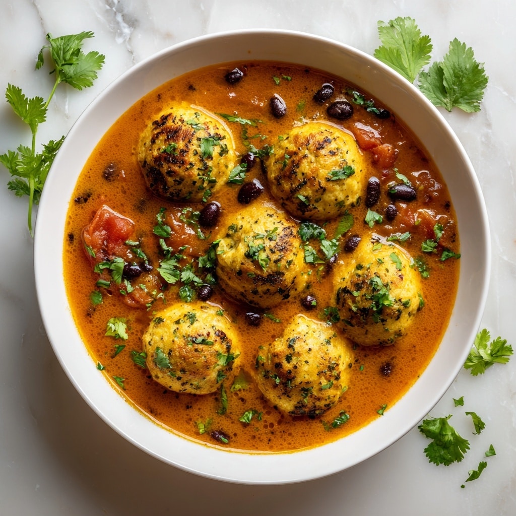 The image shows a close-up of a white bowl filled with a rich orange soup with visible tomato chunks. Floating on top are six round, light yellow dumplings or meatballs topped with green herbs. Scattered around the dumplings are black beans and small leaves of fresh green cilantro. The soup has a slightly watery, smooth texture, and the edges of the bowl show some reflections. The bowl is placed on a white marbled surface with bits of cilantro around it. Photo taken with an iphone --ar 4:5 --v 7