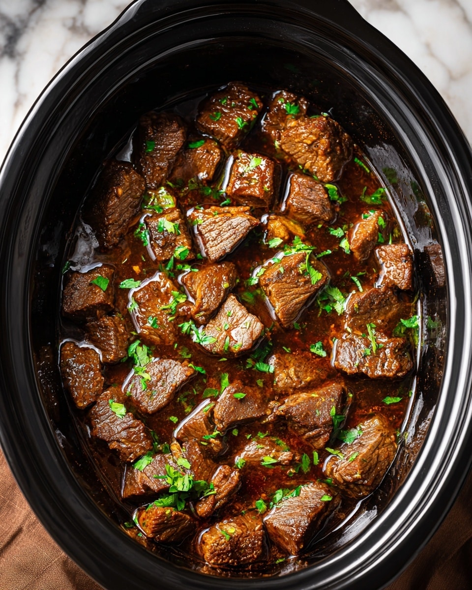 The image shows a black slow cooker filled with multiple pieces of browned beef chunks in a dark, glossy sauce. The beef pieces are medium-sized, well-cooked with a slightly crispy look on the edges, and are spread out evenly across the cooker. Bright green fresh chopped herbs are sprinkled on top, adding color contrast to the rich brown meat and sauce. The surface beneath the cooker is a white marbled texture, and a bit of brown cloth is visible on the side. photo taken with an iphone --ar 4:5 --v 7