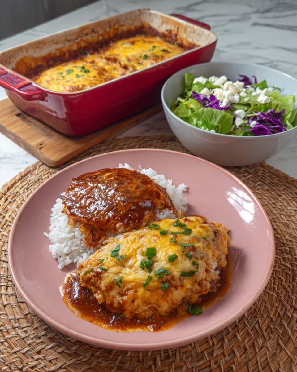 The image shows a meal with two main parts on a pink plate placed on a wooden surface covered by a woven mat. The left portion on the plate is a round, reddish-brown baked layer with a glossy texture on top of white rice. The right portion is a golden-brown baked piece covered with melted cheese and small green chopped toppings spread over it. In the background, there is a red baking dish with two similar golden baked pieces covered with cheese. To the right, there is a small white bowl with a fresh salad containing green lettuce, purple cabbage, and white cheese bits. The photo is taken on a white marbled surface. Photo taken with an iphone --ar 4:5 --v 7