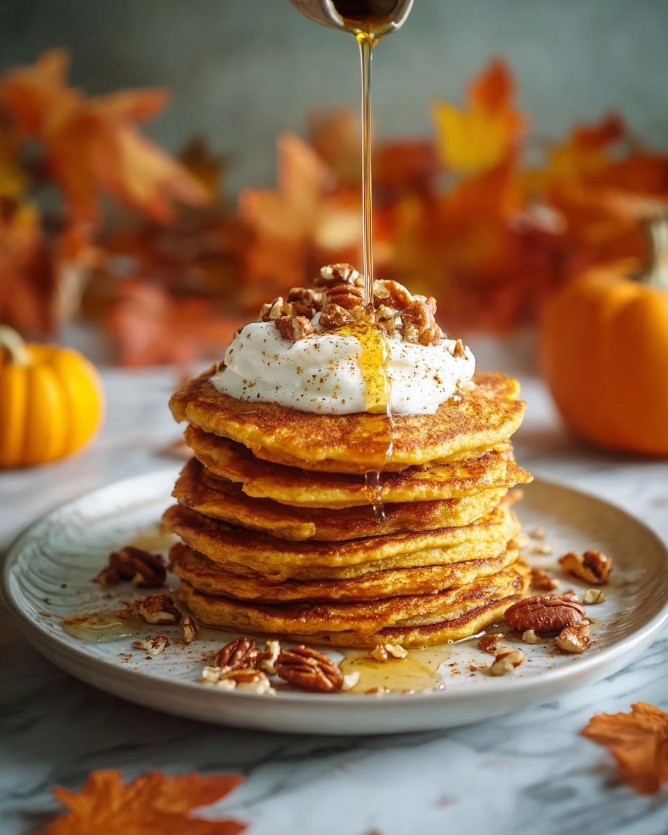 A tall stack of seven golden brown pancakes sits at the center of a white plate, each pancake fluffy with slightly crisped edges. On top, there is a dollop of white cream sprinkled with cinnamon powder and a handful of chopped pecans, some spilling onto the plate. A thin stream of golden syrup is being poured from above, glistening as it flows over the cream and pancakes. The scene has a warm, autumn feel with blurred orange leaves and small pumpkins in the background, all set on a white marbled texture. photo taken with an iphone --ar 4:5 --v 7