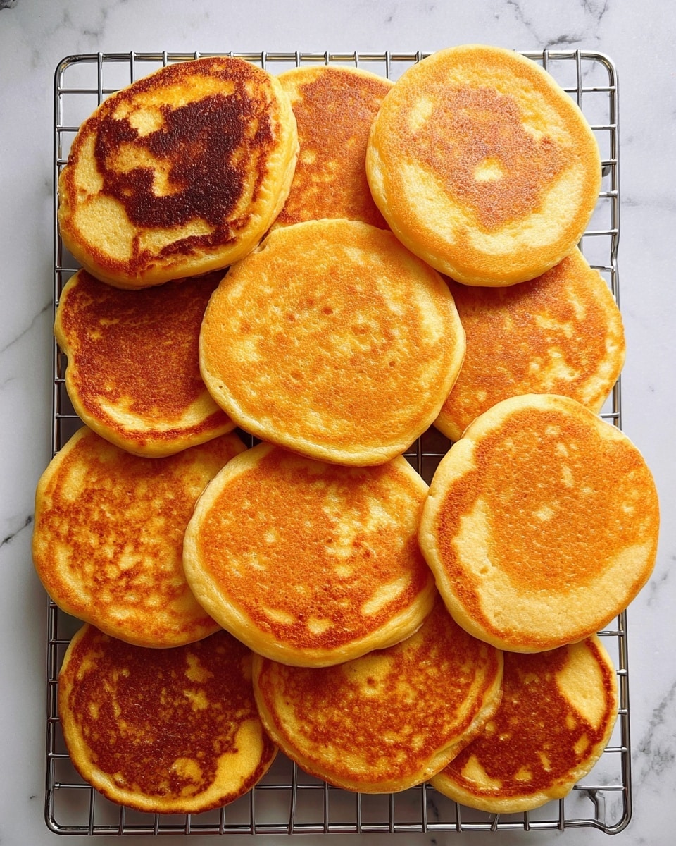 A pile of eleven round pancakes with a warm golden brown color and some darker brown spots, arranged closely together on a metal cooling rack. The pancakes have a soft, fluffy texture with smooth edges. The rack is placed on a white marbled surface that is partially visible around the edges. photo taken with an iphone --ar 4:5 --v 7