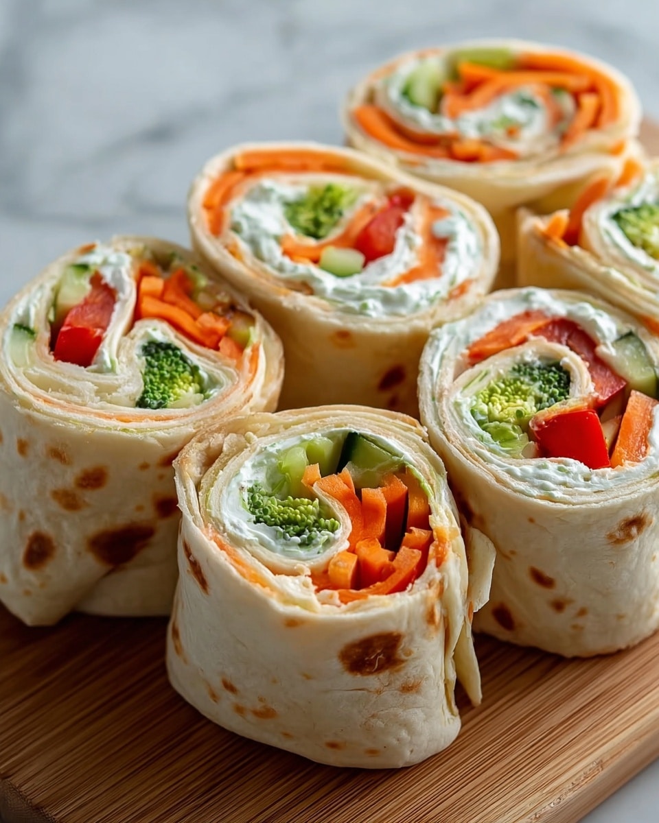 Close-up of five rolled tortilla wraps, each cut to show three main layers: a slightly toasted, light beige tortilla on the outside with some brown spots, inside a thick white creamy spread, and colorful fresh vegetables in the center including bright orange carrot strips, light green cucumber slices, green broccoli florets, and red bell pepper pieces. The wraps are placed together on a wooden board, and the background shows a white marbled texture. photo taken with an iphone --ar 4:5 --v 7