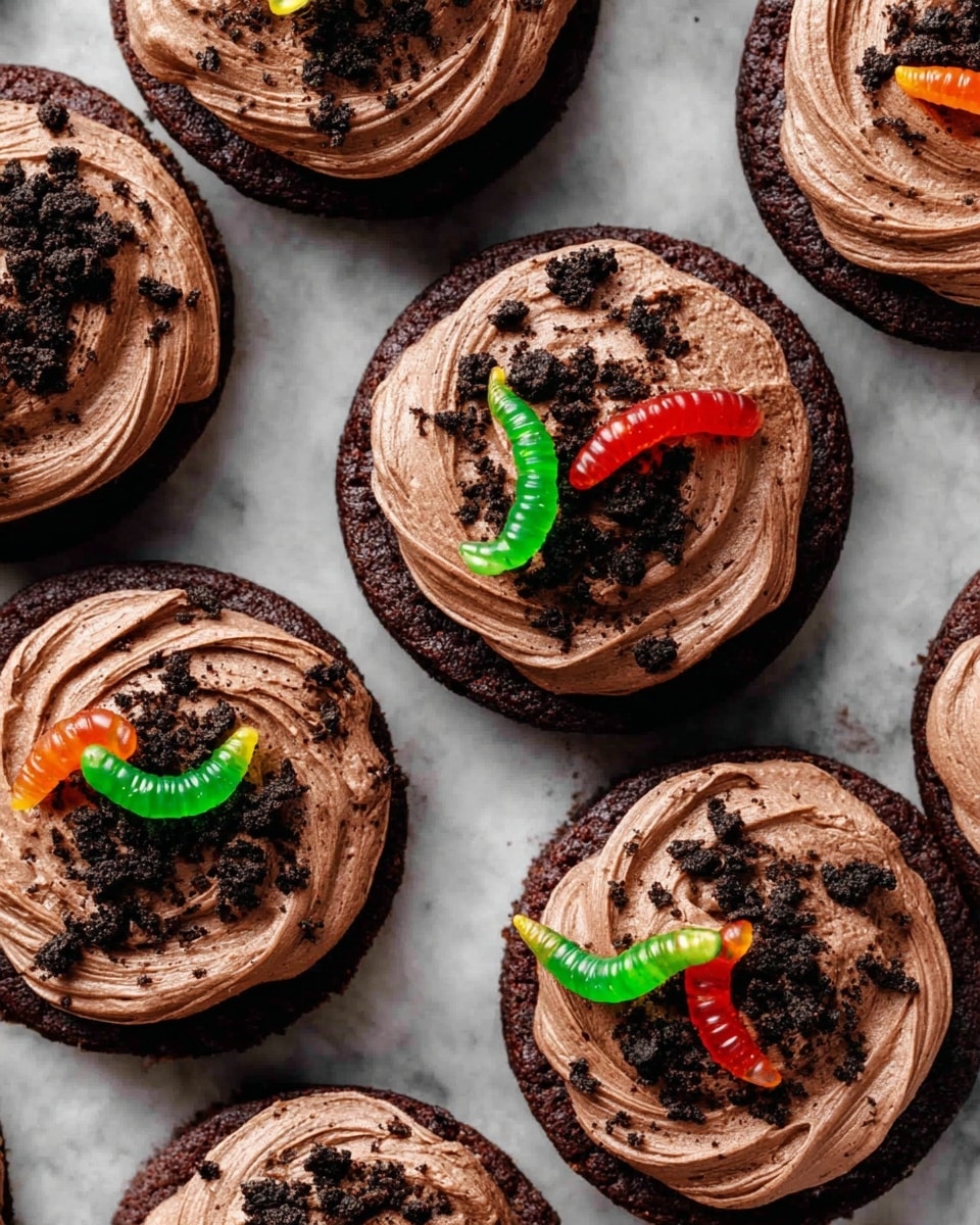 The image shows multiple round chocolate cookies with a single thick layer of creamy chocolate frosting swirled on top, giving a soft and smooth texture. Each cookie is decorated with crushed black cookie crumbs scattered lightly over the frosting, creating a rough contrast. A gummy worm candy, brightly colored in shades of red, green, or orange, is placed on the center of each cookie, adding a playful and shiny element. All cookies sit close together on a white marbled surface, and the photo is taken from above to capture the details clearly. photo taken with an iphone --ar 4:5 --v 7