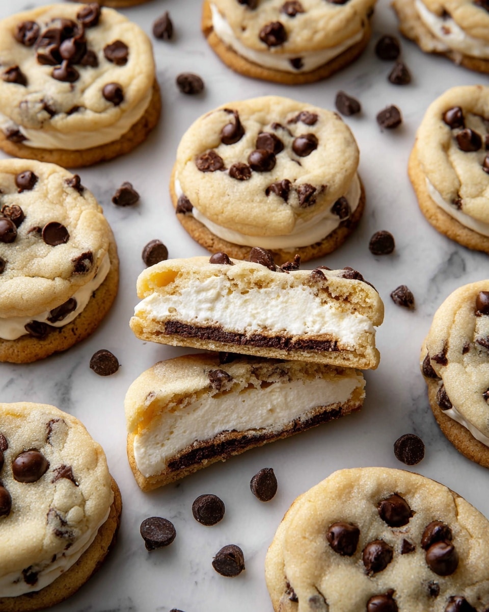 A stack of four thick chocolate chip cookies is shown on a white plate placed on a white marbled surface. The top cookie is broken in half, revealing a creamy white filling with a dark chocolate layer at the bottom; chocolate chips are embedded throughout the filling and dough. Each cookie has a golden brown base with visible dark chocolate chips melted on the top, showing a soft yet slightly crispy texture. The creamy filling layer inside the top cookie contrasts with the dense dough and rich chocolate chips, making the cookies look soft and gooey. photo taken with an iphone --ar 4:5 --v 7