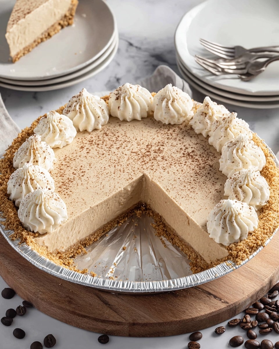 A slice of light brown creamy pie sits on a white plate with a crumbly golden crust at the bottom. The pie has two small, fluffy white dollops of whipped cream on top, dusted with fine, light brown powder. The surface of the pie is smooth and slightly textured, showing the soft, airy filling. There are some scattered crumbs and a little bit of powder on the plate around the slice. A piece of the pie is cut and resting on a silver fork to the left side of the plate. The whole setting is on a white marbled texture, giving a clean and bright look. photo taken with an iphone --ar 4:5 --v 7
