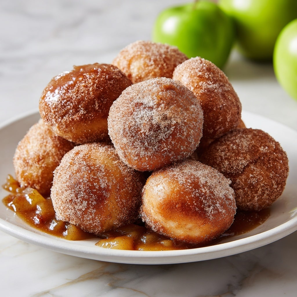 A pile of round, golden-brown pastries covered in a fine layer of cinnamon sugar sits on a white plate. One pastry is cut open and placed on top, showing the soft, doughy inside filled with chunky, juicy apple pieces in a glossy, cinnamon-spiced sauce. The outer dough looks slightly crispy with a sandy texture from the cinnamon sugar, while the inside is soft and moist. The background features a white marbled surface and blurred green apples, adding a fresh, clean look. Photo taken with an iphone --ar 4:5 --v 7
