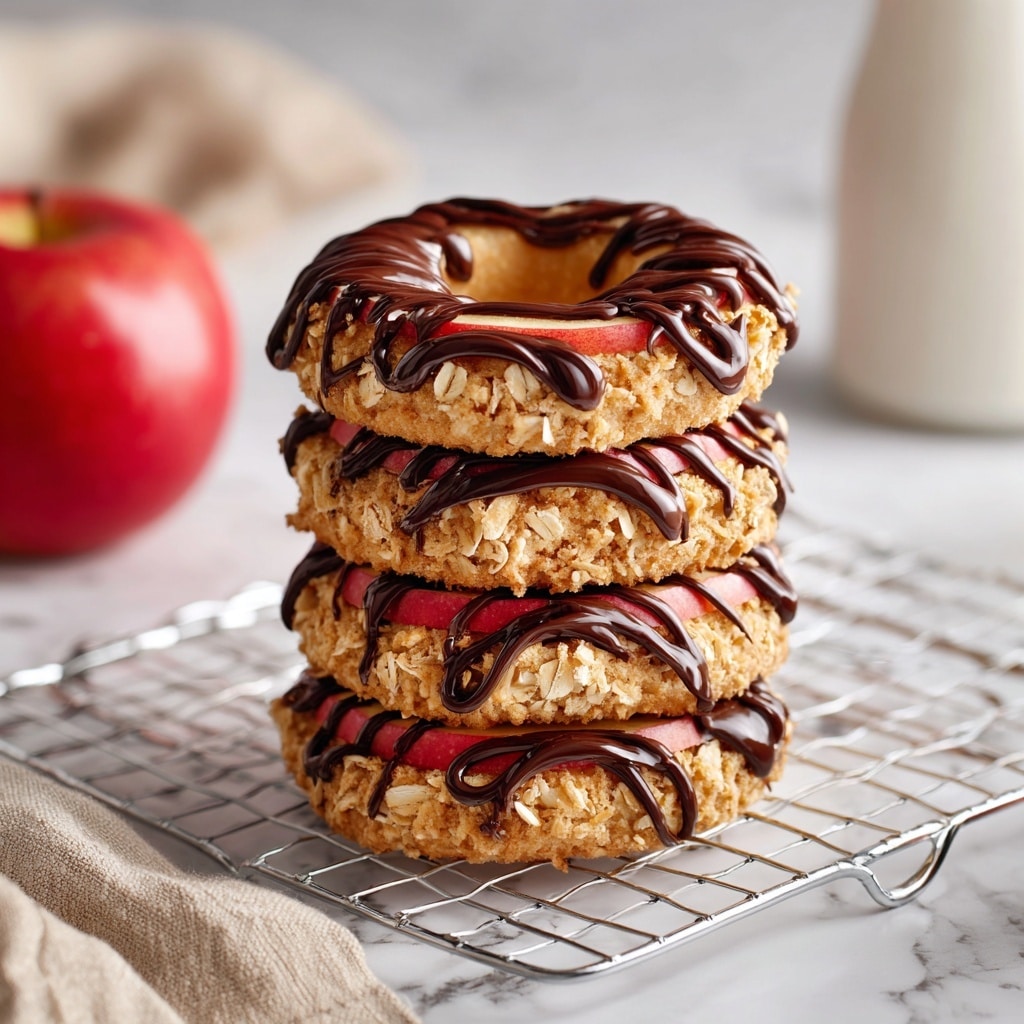 The image shows a stack of four layered apple rings coated with a light golden-brown oat mixture, each ring positioned directly on top of the other. Each apple ring retains its red skin around the edges with a visible hole in the center. The top apple ring is drizzled with dark brown chocolate sauce in a loose zigzag pattern. The stack sits on a white metal cooling rack placed on a white marbled surface. To the left, a red apple is visible, and to the right, there is a white jar or container in the background. A beige cloth is partly visible in the lower left corner. Photo taken with an iphone --ar 4:5 --v 7