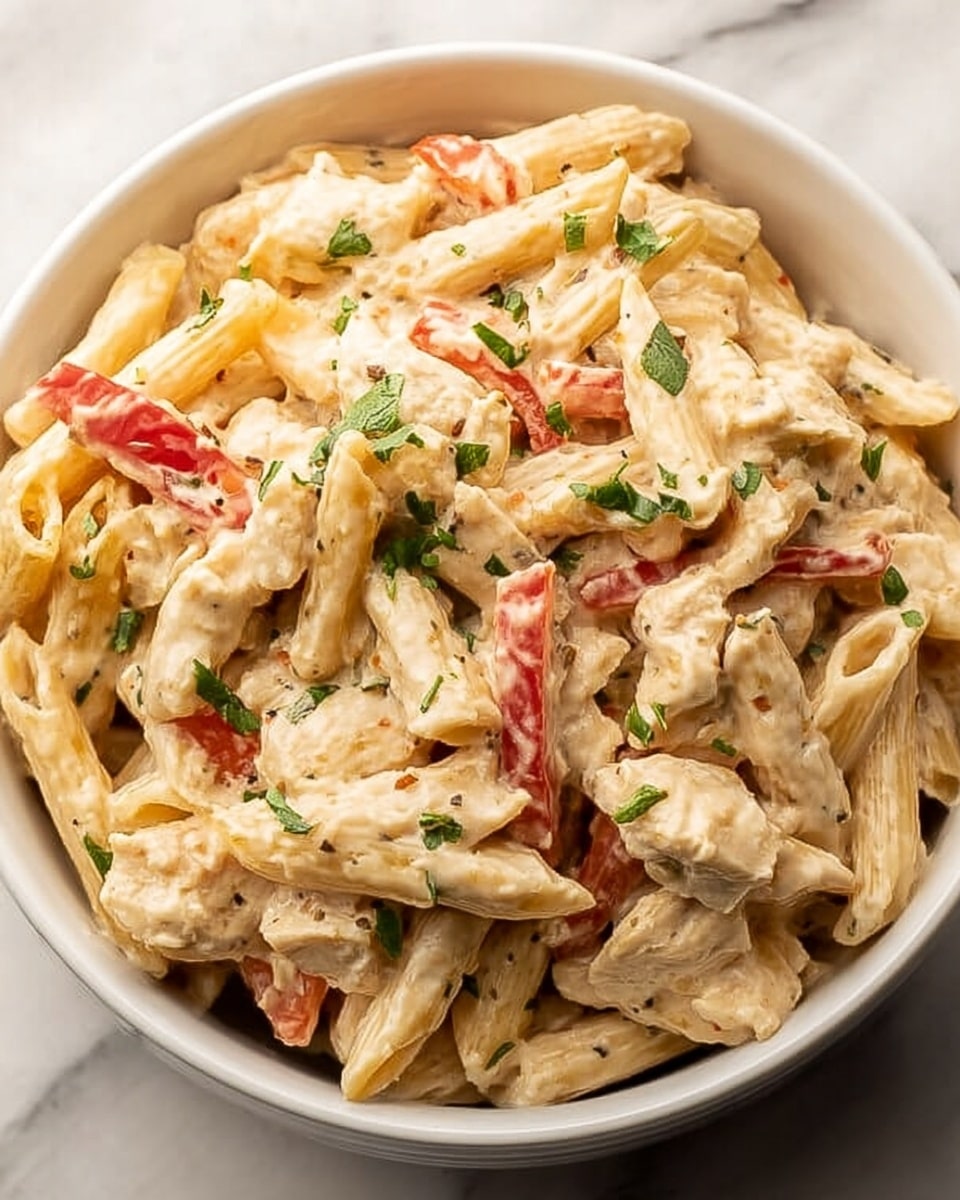 A white plate holds a creamy penne pasta dish with three main layers: the bottom layer is pale yellow cooked penne pasta, soft and slightly shiny; the middle layer includes grilled pieces of light brown chicken with a bit of char and slices of red bell pepper and light green vegetables; the top layer is a smooth white creamy sauce spread evenly over the pasta and chicken, sprinkled with chopped green parsley and black pepper flakes. A silver fork rests on the right side of the plate, all set on a white marbled surface. Photo taken with an iphone --ar 4:5 --v 7