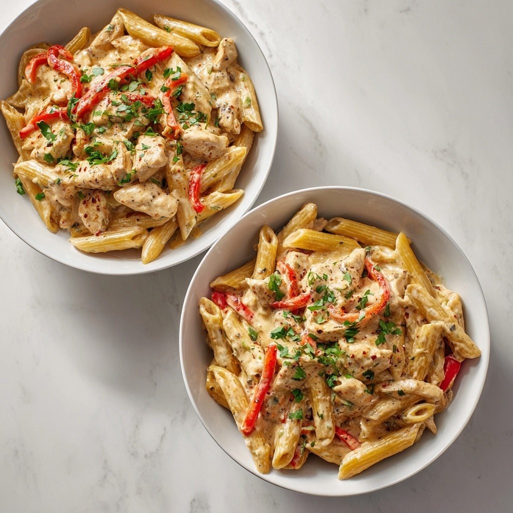 A close-up of a white bowl filled with creamy pasta made of penne noodles coated in a thick, smooth white sauce. Mixed inside the pasta are thin strips of red bell pepper and pieces of light beige chicken, all topped with small green herb leaves scattered on top. The dish looks rich and fresh against a white marbled surface. photo taken with an iphone --ar 4:5 --v 7