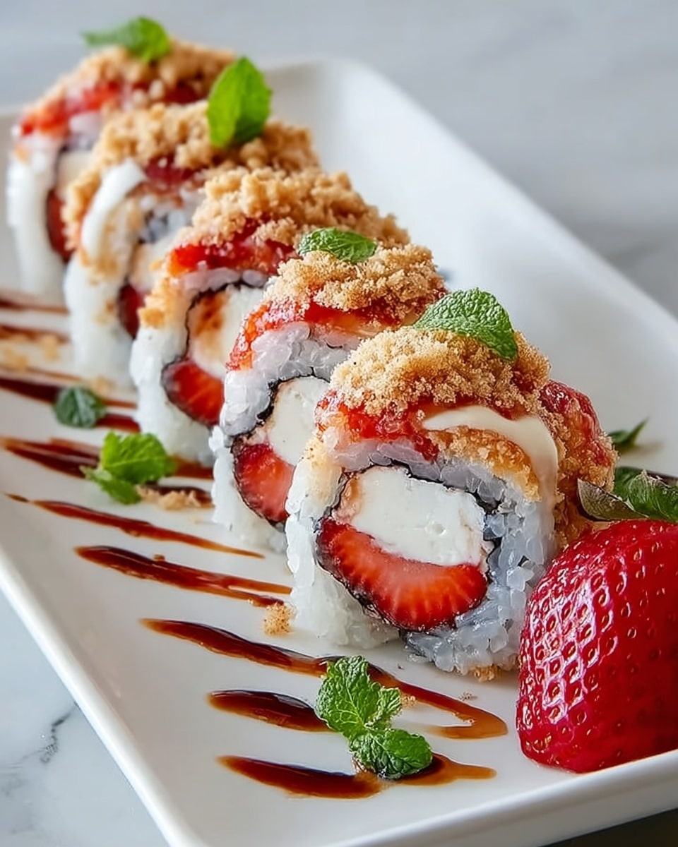 The image shows a close-up of sushi rolls arranged in a line on a white plate. Each roll has a layer of white rice on the outside, with visible pieces of whole strawberries inside along with creamy white filling and small green leaves. The top of each roll is decorated with sliced strawberries and white creamy sauce drizzled over. The plate rests on a white marbled surface. Photo taken with an iphone --ar 4:5 --v 7