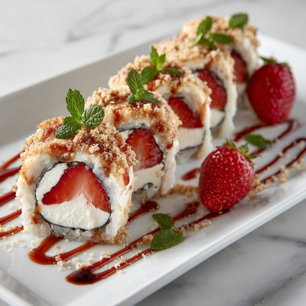 A white plate shows a line of sushi rolls, each roll having four layers starting from the inside: a red strawberry center, white cream layer, a thin black seaweed wrap, and an outer layer of white rice. The sushi rolls are topped with a crumbly, light brown sprinkle, a drizzle of red sauce, and small green mint leaves. There are thin streaks of dark sauce on the white plate, and a whole red strawberry sits beside the last roll. The background is a white marbled texture photo taken with an iphone --ar 4:5 --v 7