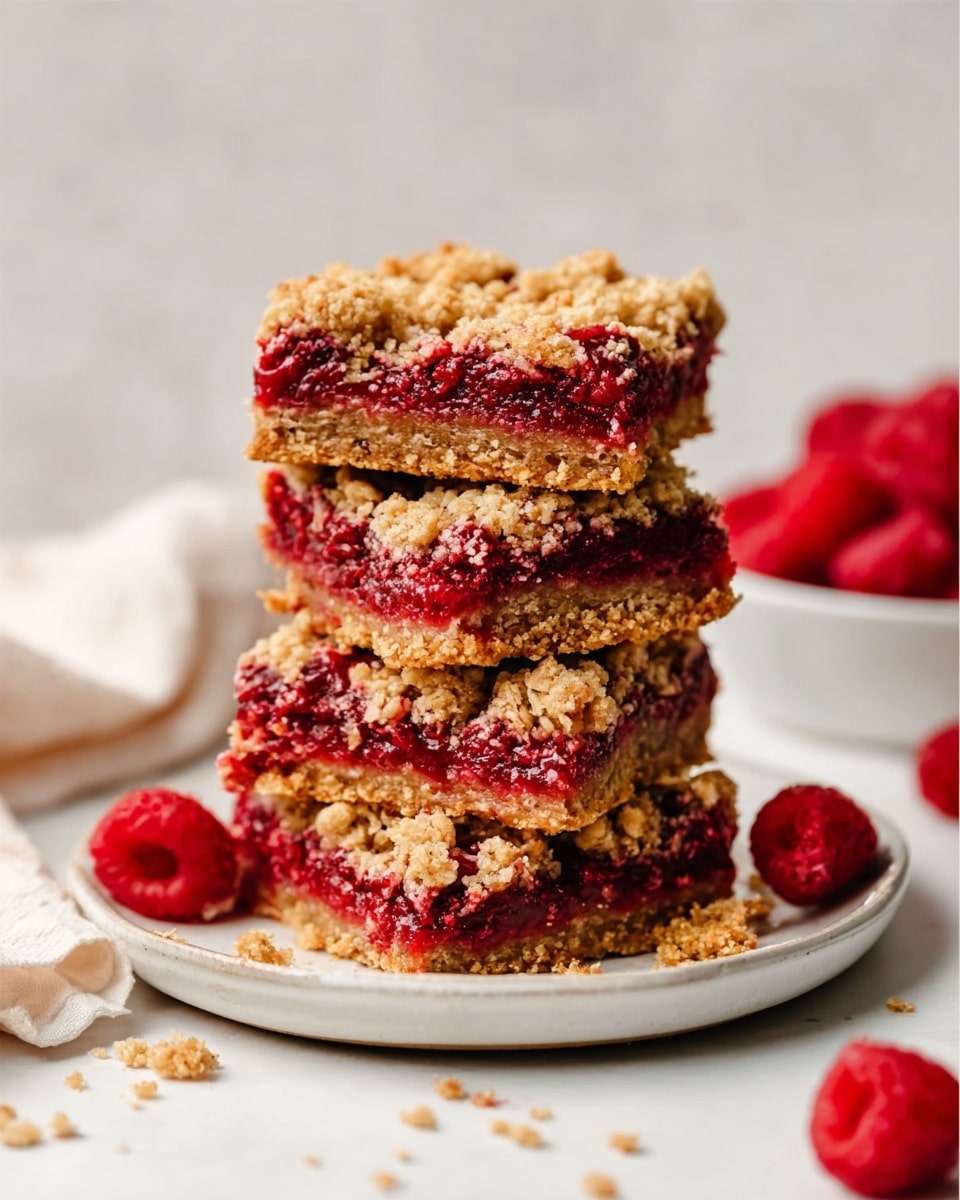 A stack of four layered raspberry oat bars sits on a white round plate, each layer showing a rich golden oat crust base, a thick bright red raspberry filling with seeds and juice visible, topped with a crumbly oat streusel layer that is textured and uneven. The bars have some loose crumbs around them on the plate. Nearby, a white cloth and a bowl filled with fresh bright red raspberries rest on a white marbled surface, adding soft, natural contrast to the warm colors of the bars. photo taken with an iphone --ar 4:5 --v 7