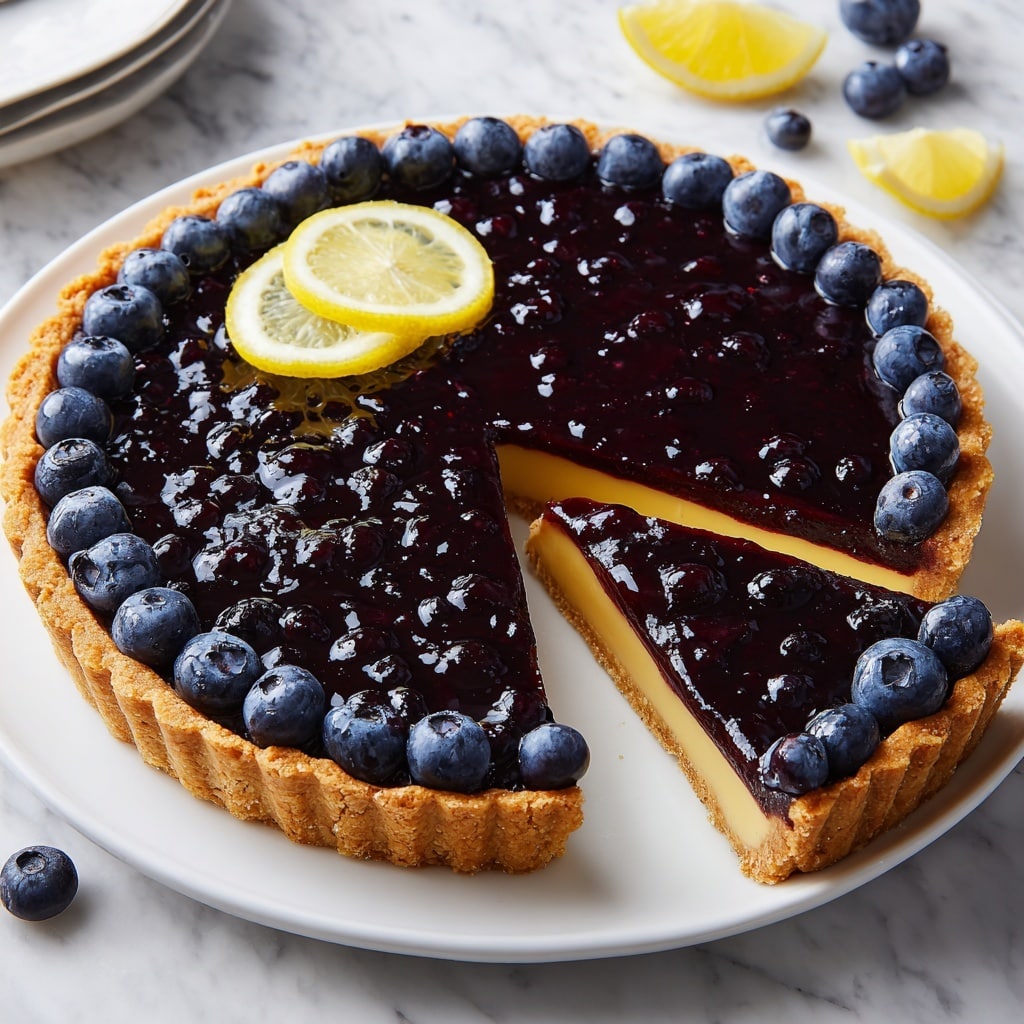 A round tart with a golden, crumbly crust forms the base, filled with a smooth, bright yellow layer of lemon curd. On top, there is a thick, deep purple blueberry glaze spread evenly, shiny and slightly translucent, with fresh blueberries placed neatly around the edge as decoration. A slice has been cut out, showing the clear layers inside. The tart sits on a white plate placed on a white marbled surface. Photo taken with an iphone --ar 4:5 --v 7
