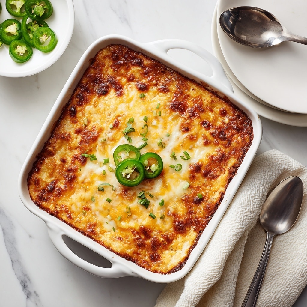 A white oval plate holds a layered dish with about three visible layers: a bottom layer of beige shredded chicken, a middle layer of light cream or sauce, and a thick top layer of melted, browned cheese with some crispy spots. Two fresh green sliced jalapeño rings sit on top, adding a bright color contrast. A silver fork rests on the right side of the plate, partially under the food. The plate is set on a white marbled surface with some halved and sliced green jalapeños nearby, and a blue and white checkered cloth is partially visible in the lower right corner. Photo taken with an iphone --ar 4:5 --v 7