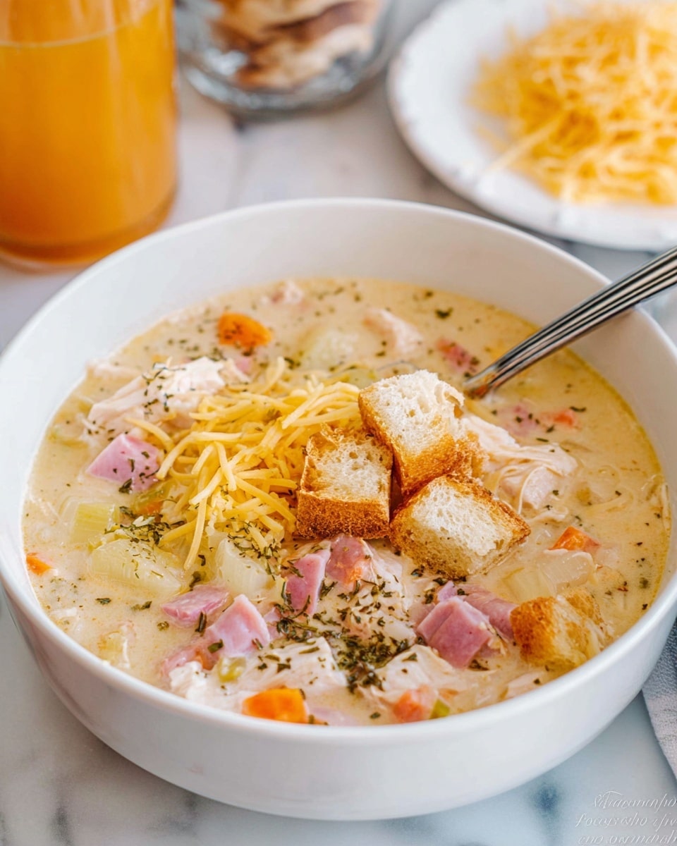 A white bowl holds a creamy soup with a pale beige base filled with chunks of pink ham and white chicken pieces mixed with orange carrot cubes. On top, there are golden-brown croutons and a pile of shredded light yellow cheese. The soup is sprinkled with greenish dried herbs. A silver spoon dips into the soup, and in the background, there is a white plate with extra shredded cheese and a glass container with an orange liquid. All of this is placed on a white marbled surface. Photo taken with an iphone --ar 4:5 --v 7