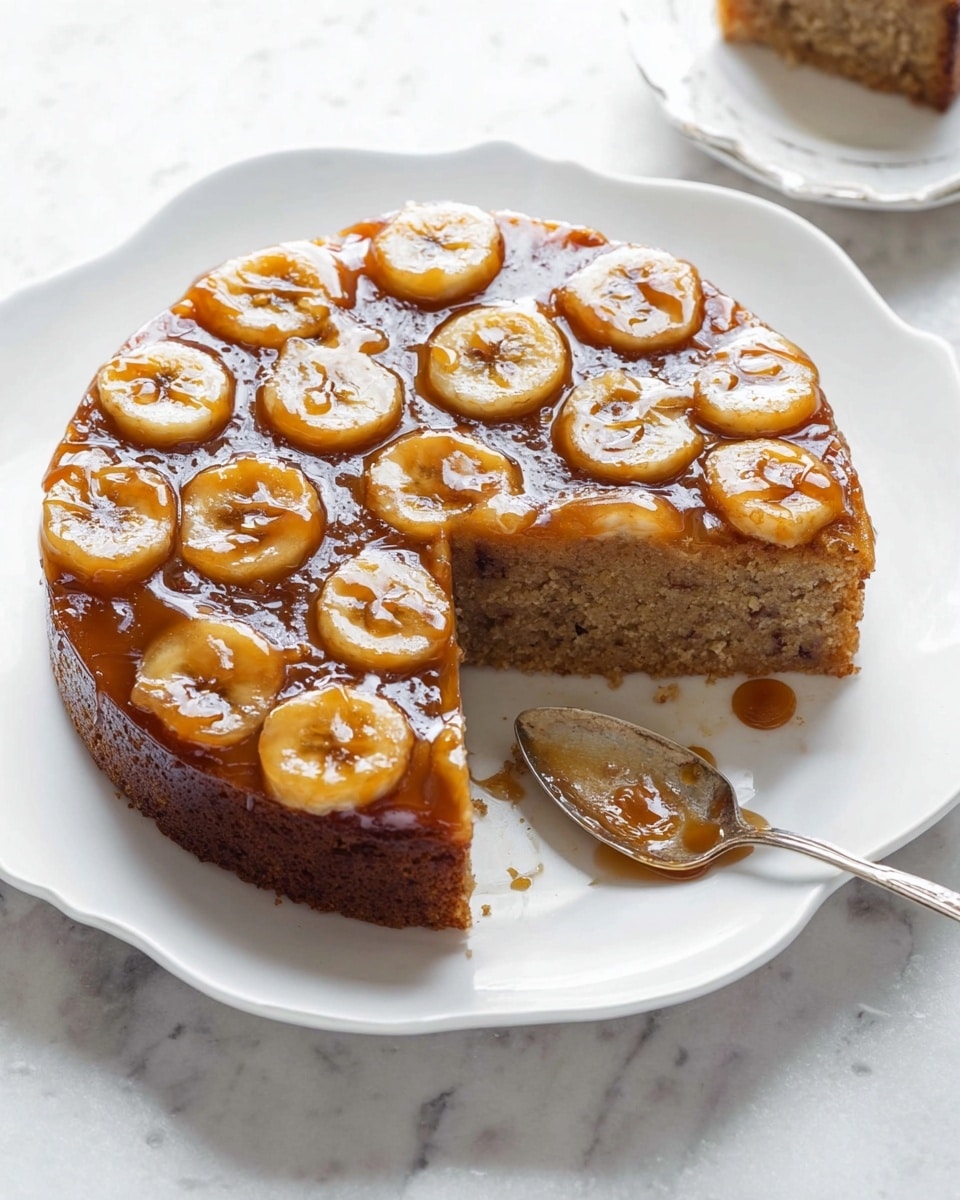A round cake is shown on a white plate with scalloped edges, placed on a white marbled surface. The cake has one slice cut out, revealing a thick bottom layer of light brown, moist cake with a soft texture and tiny dark specks. On top of the cake is a glossy caramel glaze dotted with evenly spaced, thin banana slices that have a caramelized golden-orange color. A silver spoon with some caramel sauce rests near the plate. The lighting is bright and natural, emphasizing the shiny glaze and soft cake texture. Photo taken with an iphone --ar 4:5 --v 7