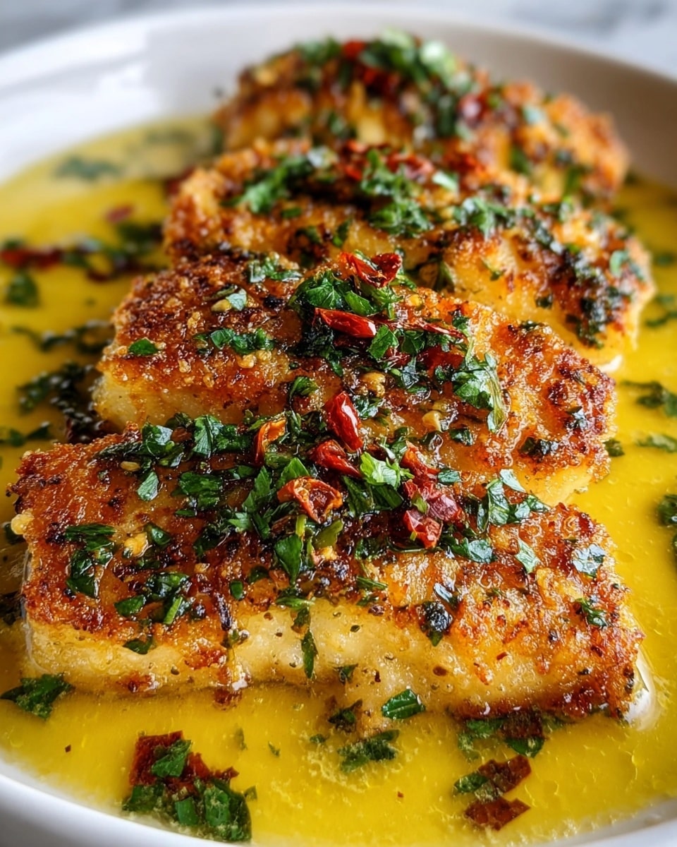 The image shows three pieces of golden brown, crispy fish fillets layered horizontally on a white plate. Each fillet has a crunchy texture with a coating of spices and herbs. Bright green chopped herbs and small red chili flakes are scattered on top, adding vibrant splashes of color. The fillets sit in a pool of glossy yellow butter sauce that covers the plate's bottom, giving a rich and moist look. The background is a white marbled texture, enhancing the freshness and warmth of the dish. photo taken with an iphone --ar 4:5 --v 7