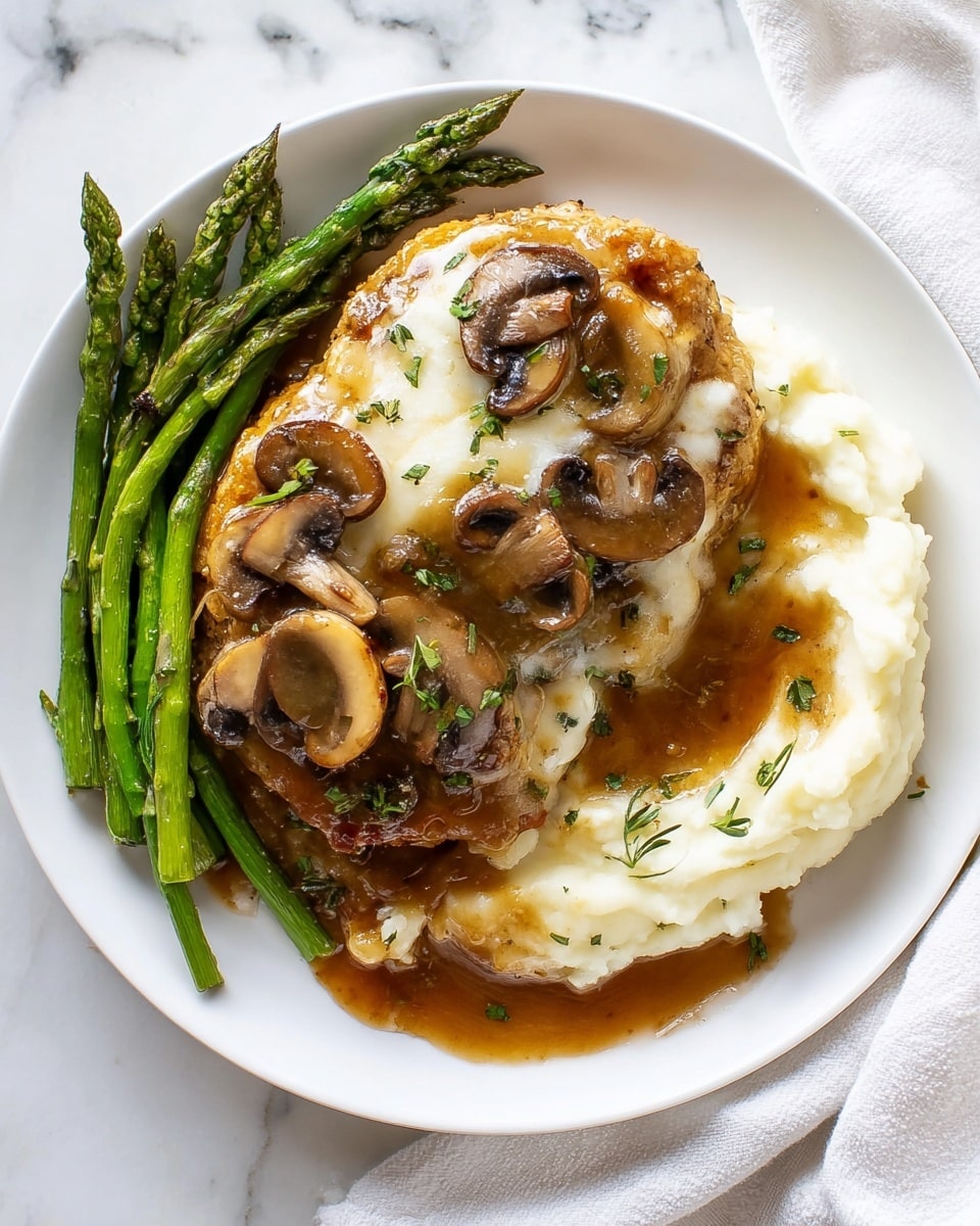 A white plate holds a serving of creamy white mashed potatoes on the right side, with a pool of brown gravy partially covering them. On the left side, there are two thick golden-brown meat cutlets stacked, topped with melted white cheese, glossy sautéed brown mushroom slices, and several bright green asparagus spears. The gravy also covers the cutlets and asparagus, sprinkled with small green herb bits. The dish is placed on a white marbled surface with a white cloth napkin partly seen in the top right corner. photo taken with an iphone --ar 4:5 --v 7