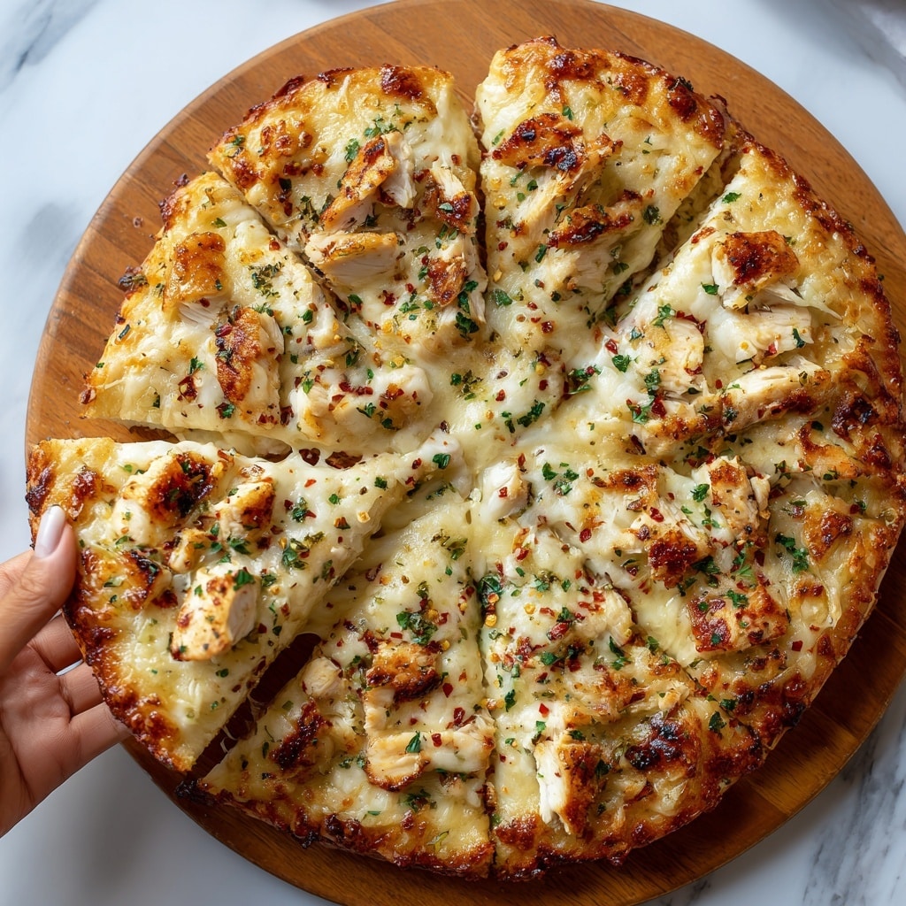 A thick crust pizza with a golden-brown edge forms the base layer, topped with melted cheese that peeks through in spots. On top, pieces of grilled chicken with a light brown char cover the surface evenly. A dark, glossy barbecue sauce is drizzled all over in thin lines, adding shine and depth. Fresh chopped green herbs and some green onions are scattered over, adding bright green color and texture contrast. The pizza sits on a wooden board, with a small white bowl of red chili sauce nearby, all placed on a white marbled texture. Photo taken with an iphone --ar 4:5 --v 7