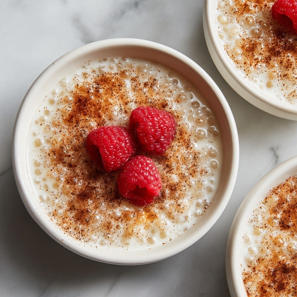 A close-up view of a bowl filled with creamy white tapioca pudding, showing small translucent tapioca pearls throughout. On top of the pudding, there is a sprinkle of fine brown cinnamon powder, adding contrast and texture. Three fresh red raspberries are placed in the center, standing out vividly against the light pudding. The bowl is white with a speckled pattern, sitting on a soft gray cloth. The background is a white marble texture. Photo taken with an iphone --ar 4:5 --v 7