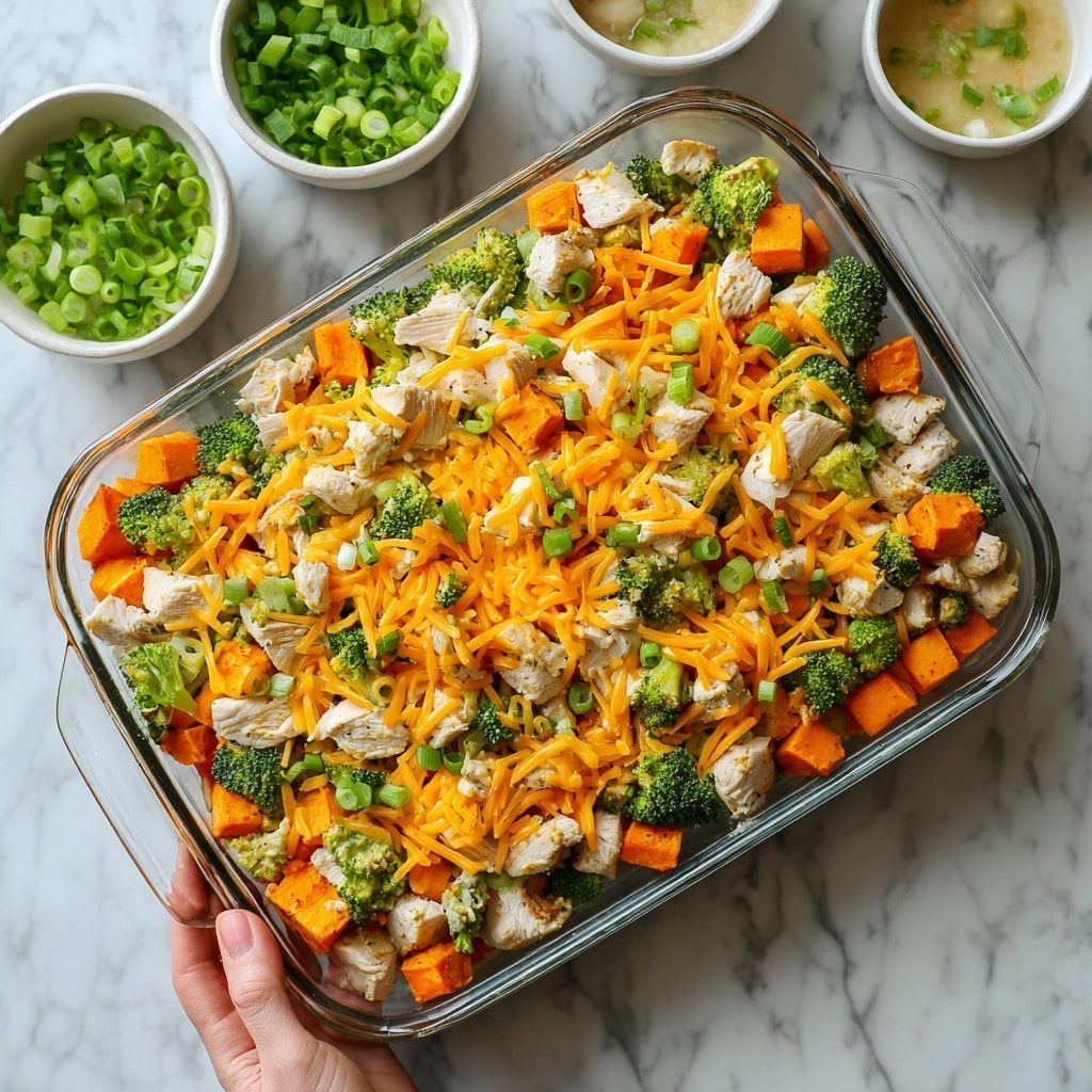 A clear glass baking dish filled with a colorful layered casserole placed on a white marbled surface. The first bottom layer consists of roasted orange sweet potato cubes, topped evenly with green roasted broccoli florets. Next, there are chunks of cooked white chicken breast spread across the broccoli. On top of this, bright orange shredded cheddar cheese is sprinkled generously, followed by scattered pieces of reddish-brown cooked bacon strips. Around the baking dish are small white bowls holding chopped green onions, bacon pieces, and a light sauce in a white bowl. A woman's hand is holding the edge of the baking dish. Photo taken with an iphone --ar 4:5 --v 7