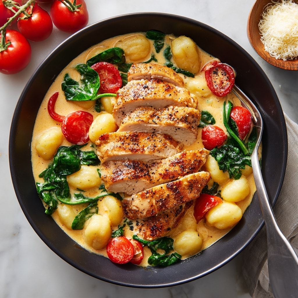 A white bowl holds a creamy dish with three main layers: at the bottom, small round gnocchi in a pale yellow color; in the middle, bright red cherry tomato halves and vibrant green spinach leaves mixed in; and on top, sliced golden-brown cooked chicken breast with visible seasoning. The dish is covered in a thick, light orange creamy sauce. A silver fork rests on the right side inside the bowl. The bowl sits on a white marbled surface with a few whole cherry tomatoes nearby and a small wooden bowl with grated cheese in the top right corner. Photo taken with an iphone --ar 4:5 --v 7