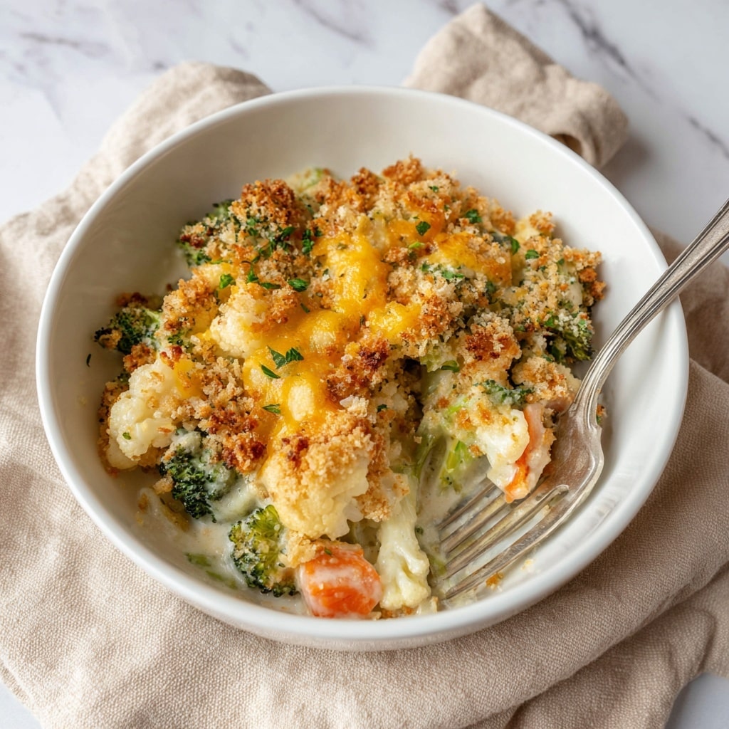 A white bowl holds a baked vegetable dish with three main layers: the bottom layer is creamy and white, seen through gaps; the middle layer features soft white cauliflower florets along with bright green broccoli pieces and small orange carrot chunks scattered throughout; the top layer is a crunchy golden brown breadcrumb coating, dotted with melted yellow cheese and small fresh green herb bits, giving a textured and crispy appearance. A silver fork rests on the right edge of the bowl, and the bowl sits on a soft beige cloth over a white marbled textured surface. Photo taken with an iphone --ar 4:5 --v 7