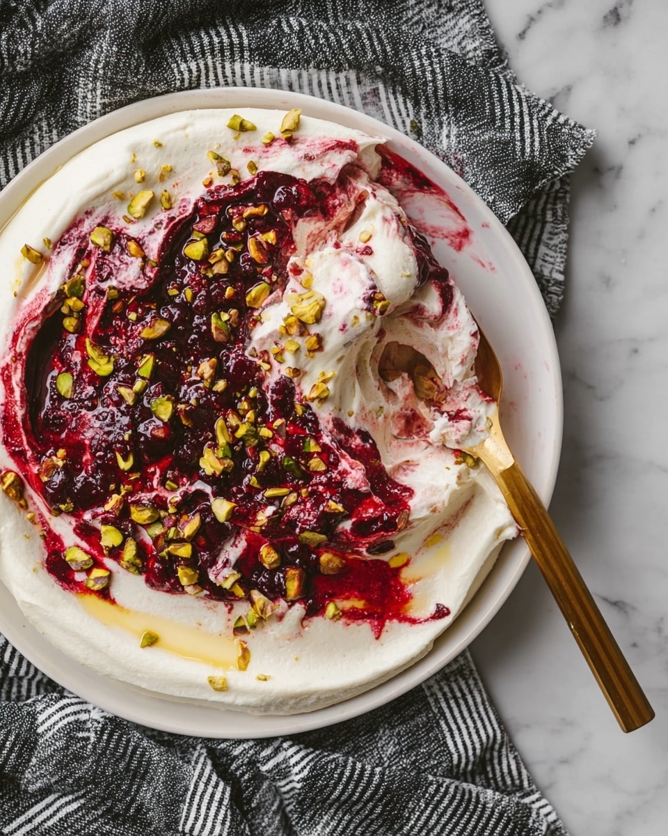 A close-up top view of a white plate with three layers: the bottom layer is smooth and creamy white, the middle layer is a thick, uneven dark red berry compote with bits of green chopped pistachios sprinkled on top, and the top layer is a mix of creamy white and berry red swirled together. A gold and dark wooden spreader rests on the plate, with a scoop of the mixed creamy and berry topping. The plate is placed on a white marbled surface next to a black and white striped cloth. photo taken with an iphone --ar 4:5 --v 7