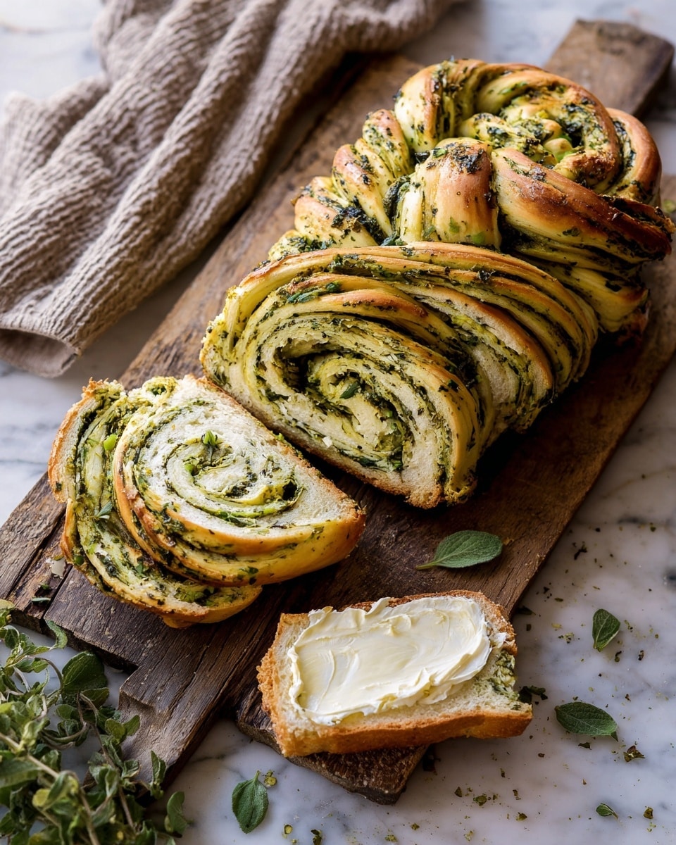 Three thick slices of swirled bread with green pesto layers are placed on a rustic wooden cutting board. The bread has a soft, light golden crust, and the inside shows visible green herb swirls. One slice has a spot of melted white cheese on top. Fresh green basil leaves are arranged below the cutting board. The background features a white marbled texture with a beige cloth in the upper left corner. Photo taken with an iphone --ar 4:5 --v 7